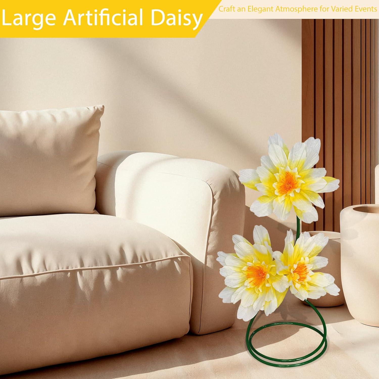 Giant Daisy Flowers for Decoration, 3 Pcs Large Faux Daisy,Big Artificial Flower with Stand for Home Decor,Garden,Hotel,Office,Photography Props,Wedding,Art Gallery,Shop Window Display(Yellow)