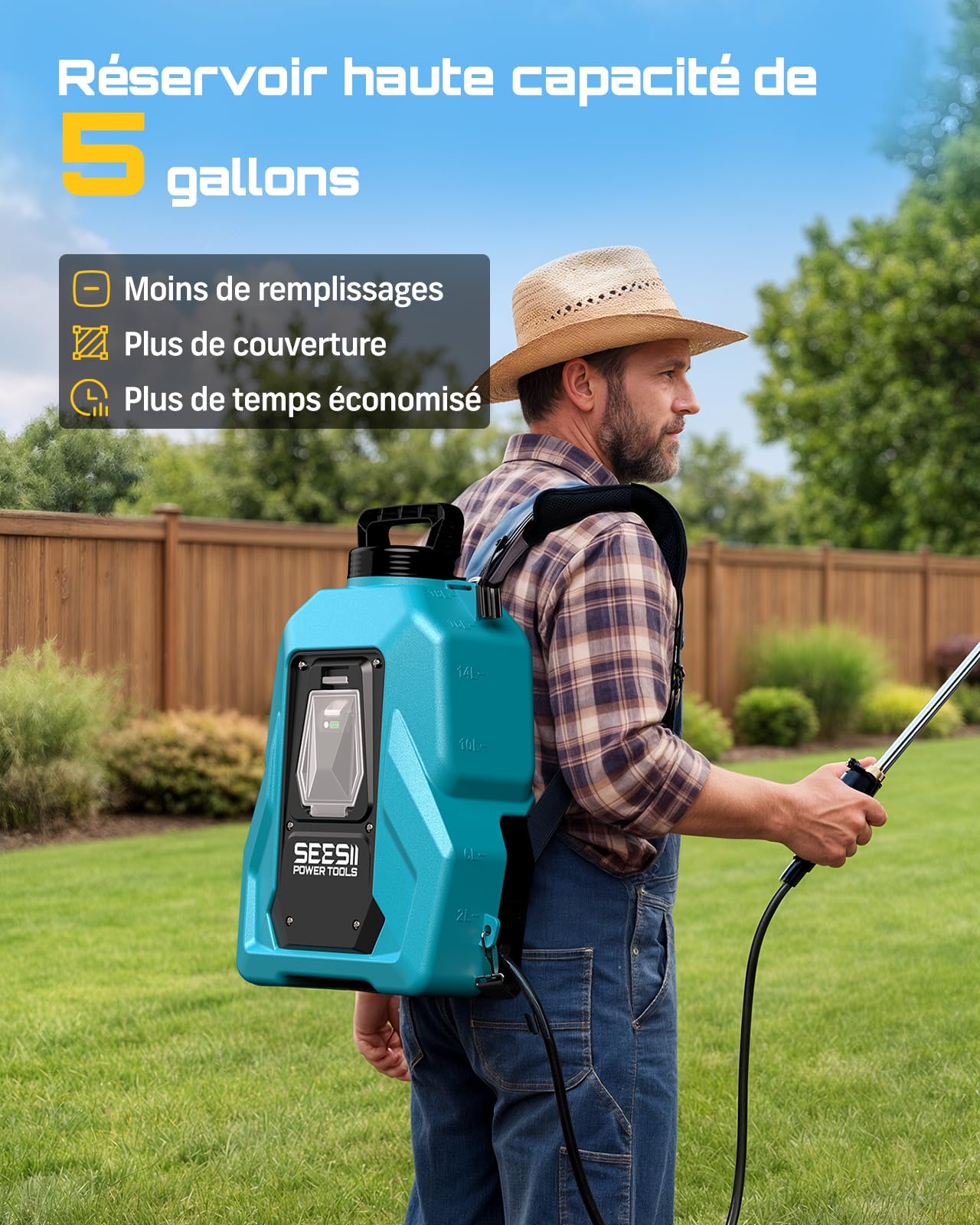 SEESII Pulvérisateur Electrique à Dos 19L avec Double Batterie, 3,5 h d’Autonomie, Lance Télescopique en Laiton, 7 Buses, Pression Réglable Jusqu’à 6,9 Bar pour Jardin et Désherbage