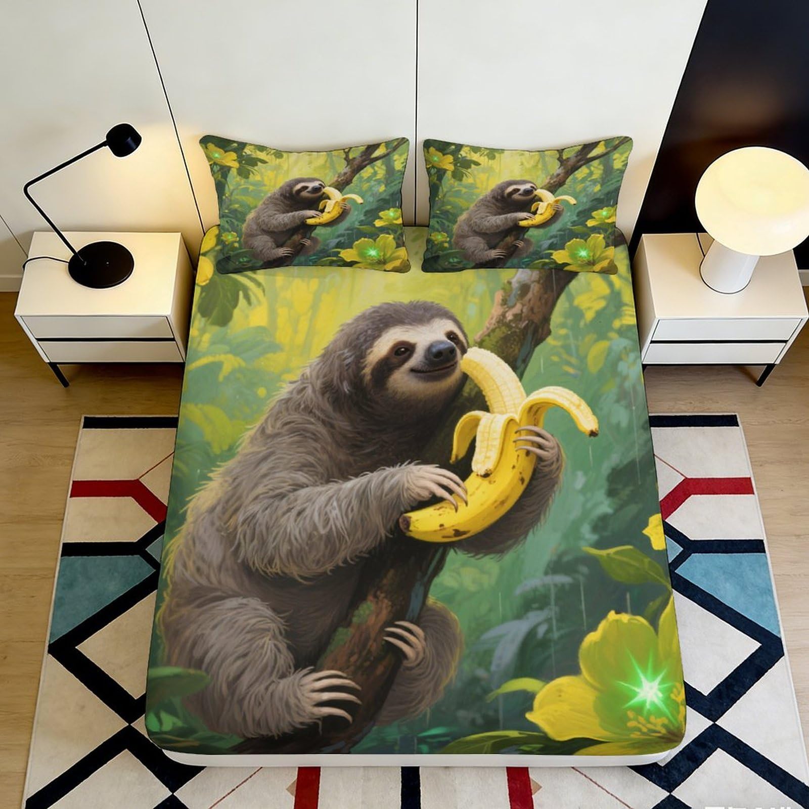 3D Printed Sloth with Banana Fitted Sheet Microfiber Soft Breathable Jungle Forest Bed Cover for Bedroom Decor 90x200x25cm