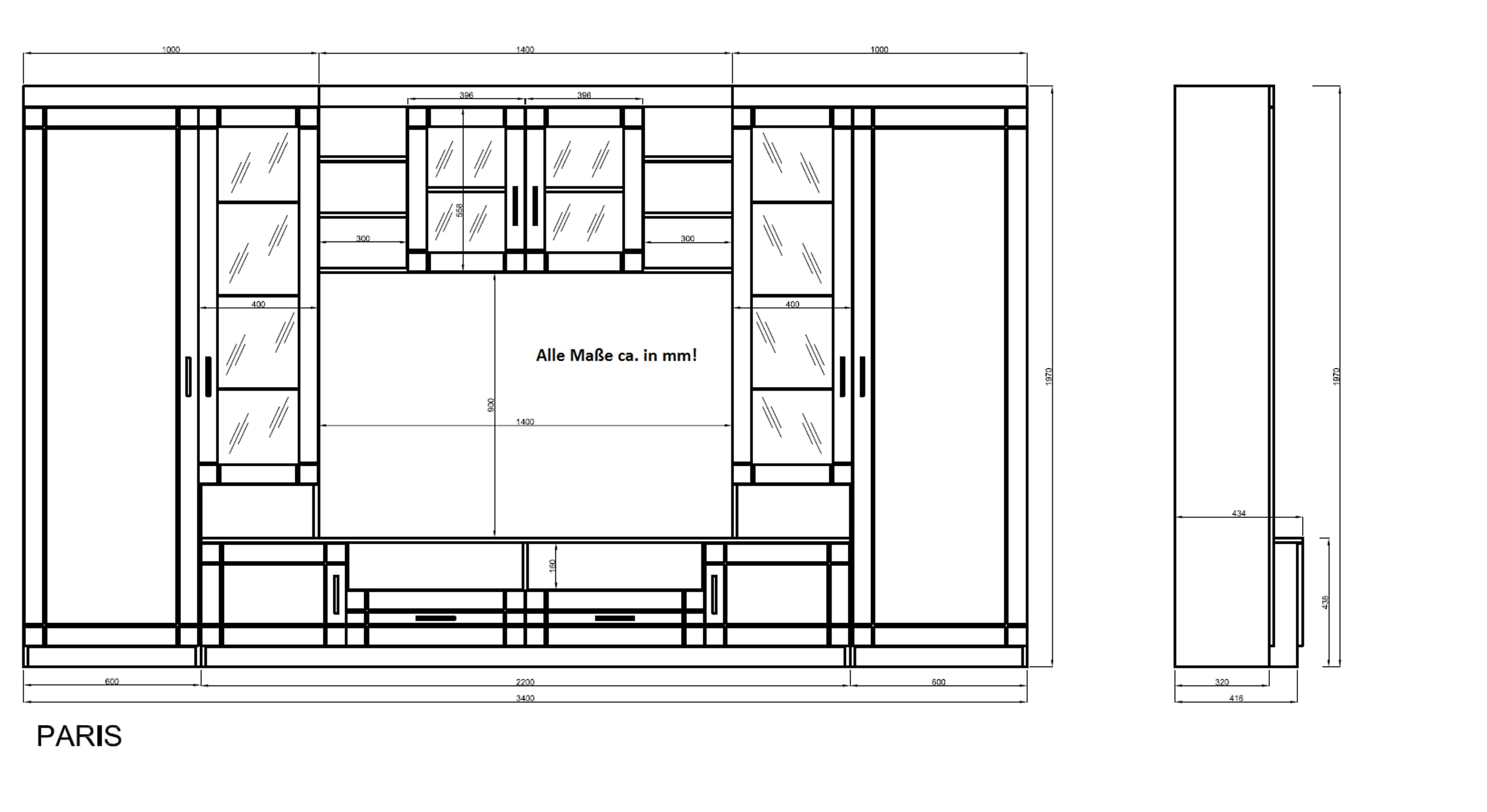 Kuechen-preisbombe Wohnwand Paris Anbauwand Wohnkombi Wohnzimmer MDF Grau+ Sonoma Eiche matt