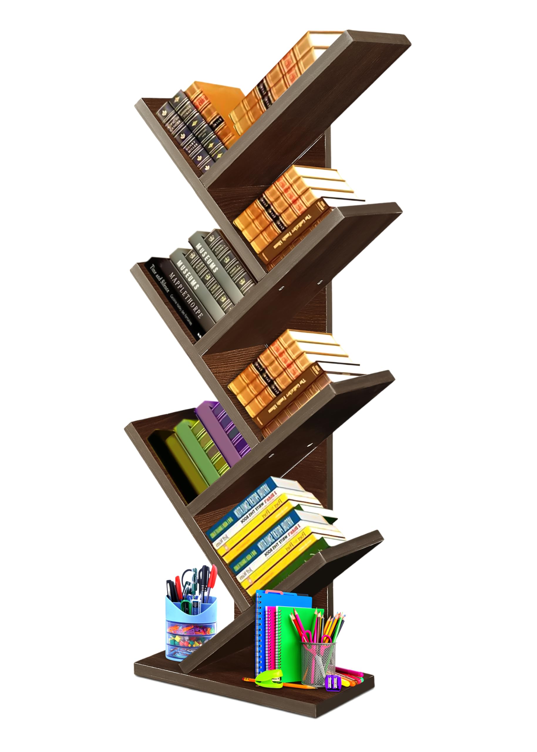 SBF Furniture Modern Tree Shape Wood Bookcase, 7-Tier Book Rack, Storage Rack Shelves in Living Room, Free-Standing Books Holder Organizer, Space Saver for Home, Office, Set of 1 (Brown)(DIY)-image-31