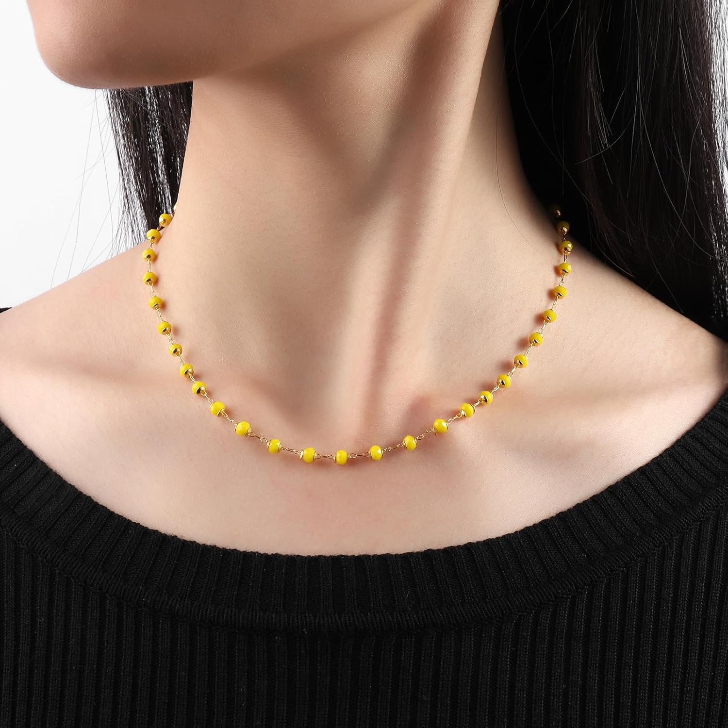 Beaded Choker Necklace for Women Dainty 14K Gold Plated Crystal Necklace Gold Bead Necklace Boho Choker Necklace Gemstone Beaded Necklace Jewelry Gifts for Women - Image 3