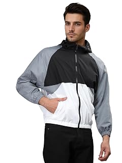 CHKOKKO Sunscreen Jacket for Men Windcheater Hooded Zipper Sports Jacket | UV Protection | Sun Protective | Lightweight Water Resistant | Riding Biker | Outdoor Travel Gym Running BLKWHTGRY XL