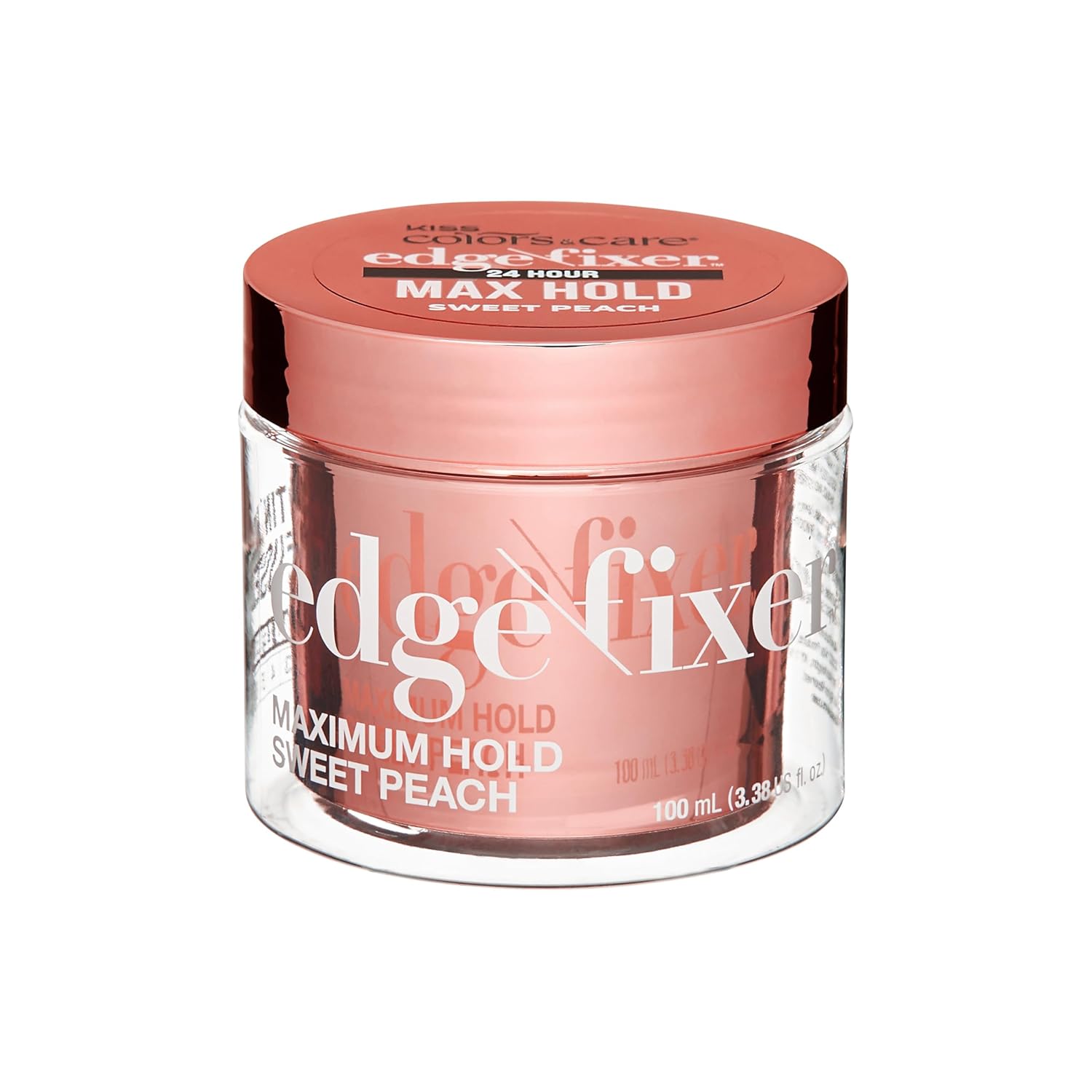 KISS COLORS & CARE Maximum Hold Edge Fixer, Non-Greasy Gel Formula Infused With Biotin B7, 24 Hour Hold, ‘Sweet Peach’ Scented, 3.38 Fl. Oz. (100 ml)