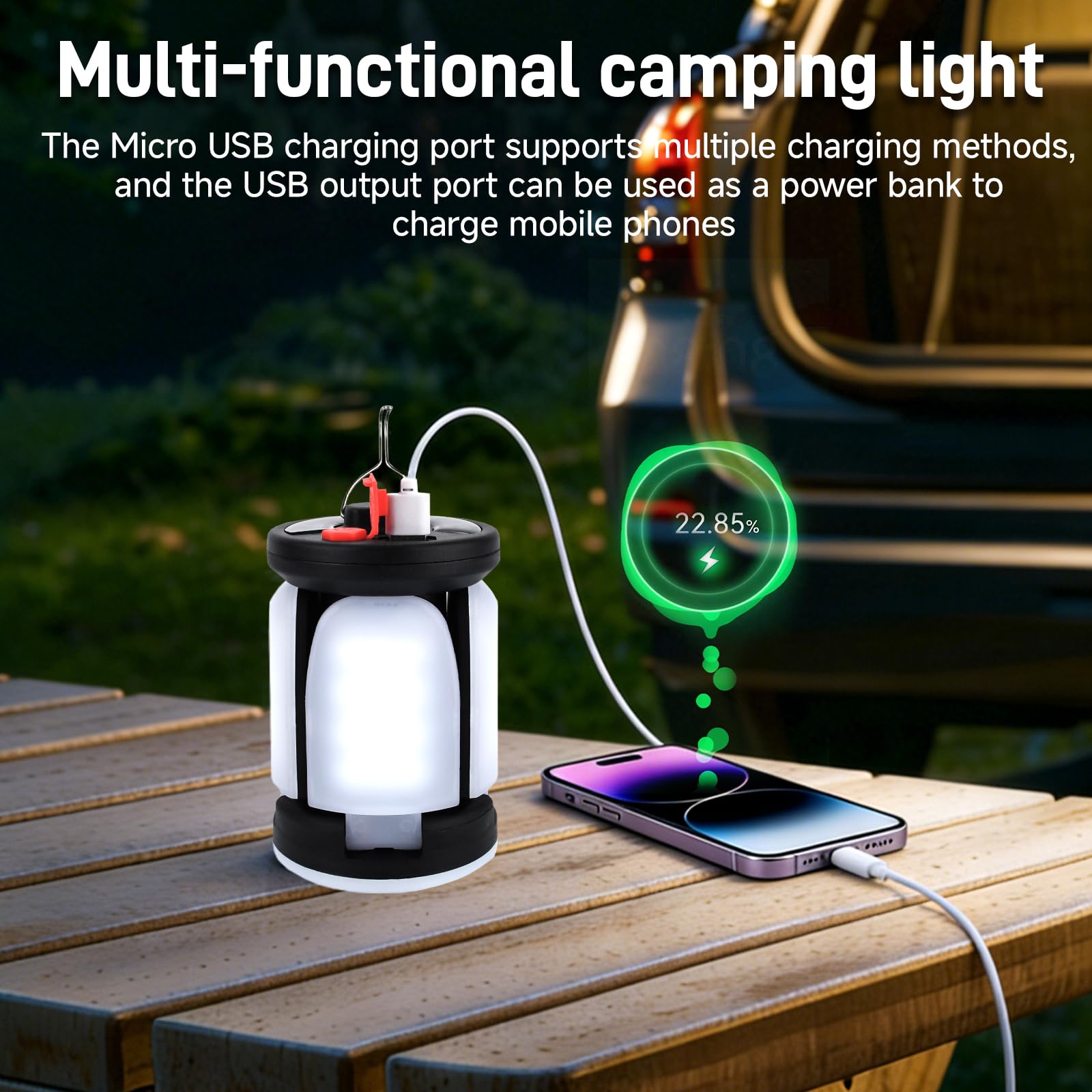 Lámpara Camping Plegable LED Recargable 6 Modos Luz 2400mAh Carga Solar USB 60 LEDs