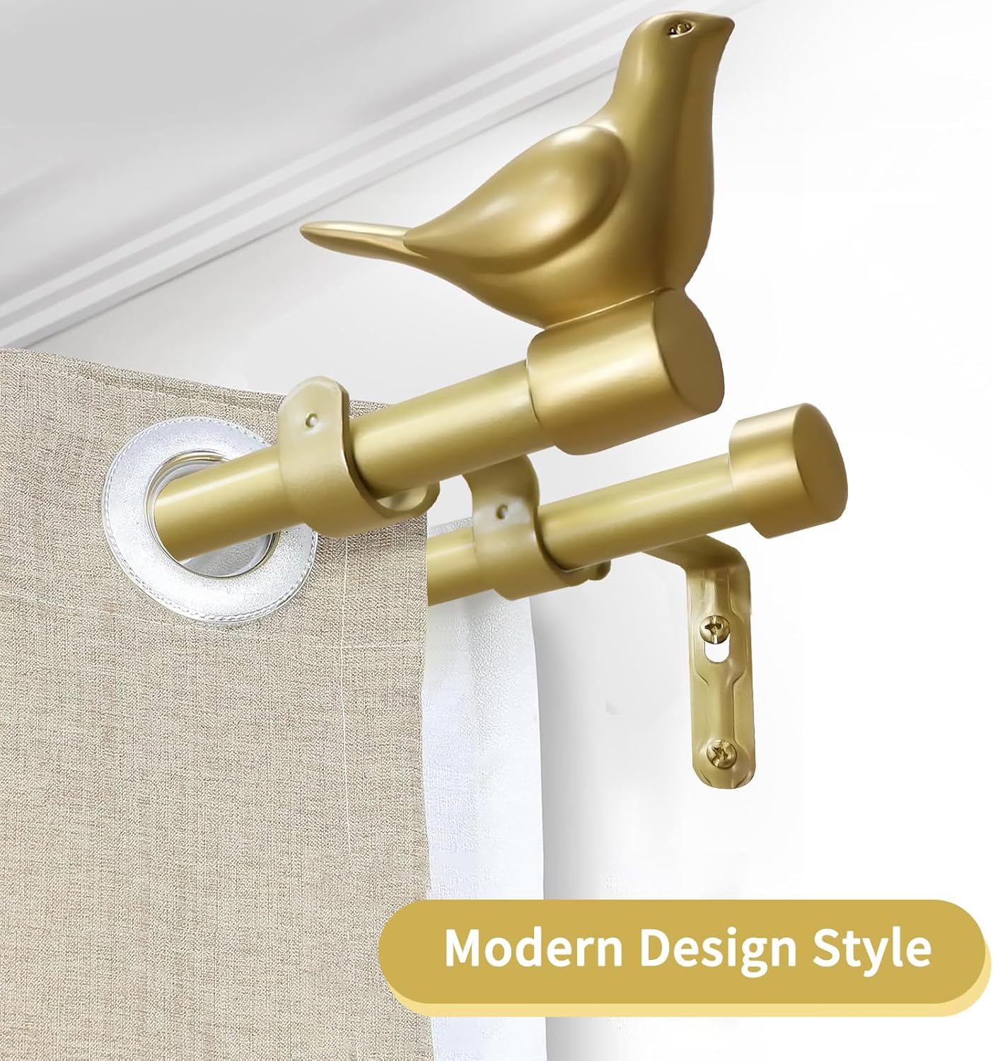MERIVILLE 3/4" Diameter Farmhouse Double Window Treatment Curtain Rod, Bird Finials (28"-48", Gold)