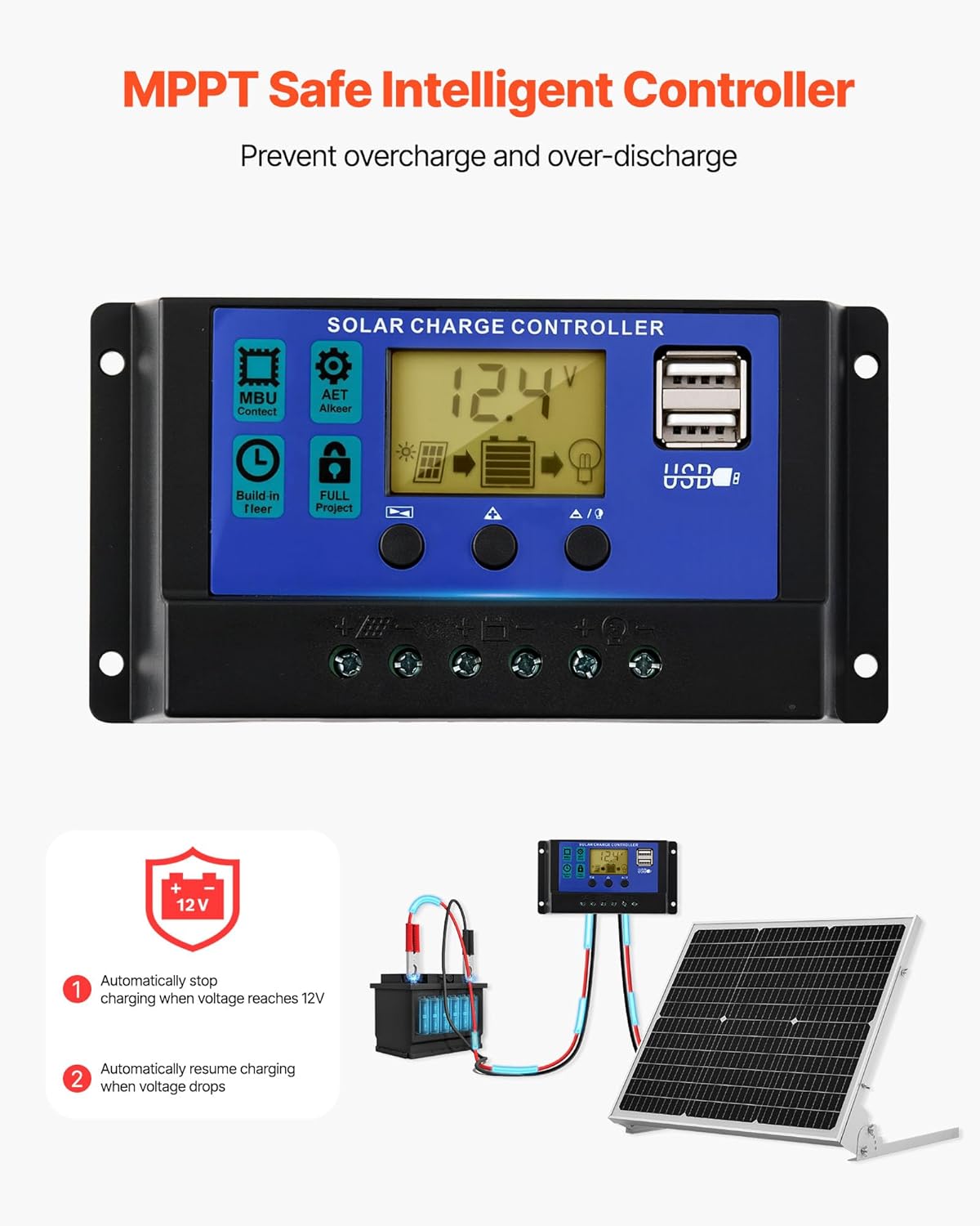 VEVOR 50W 12V Solar Battery Trickle Charger Maintainer, Mono Solar Panel Battery Charger with Upgraded MPPT Controller & Adjustable Mount Bracket, IP65 Waterproof for Car Boat RV Trailer House Roof - Image 3