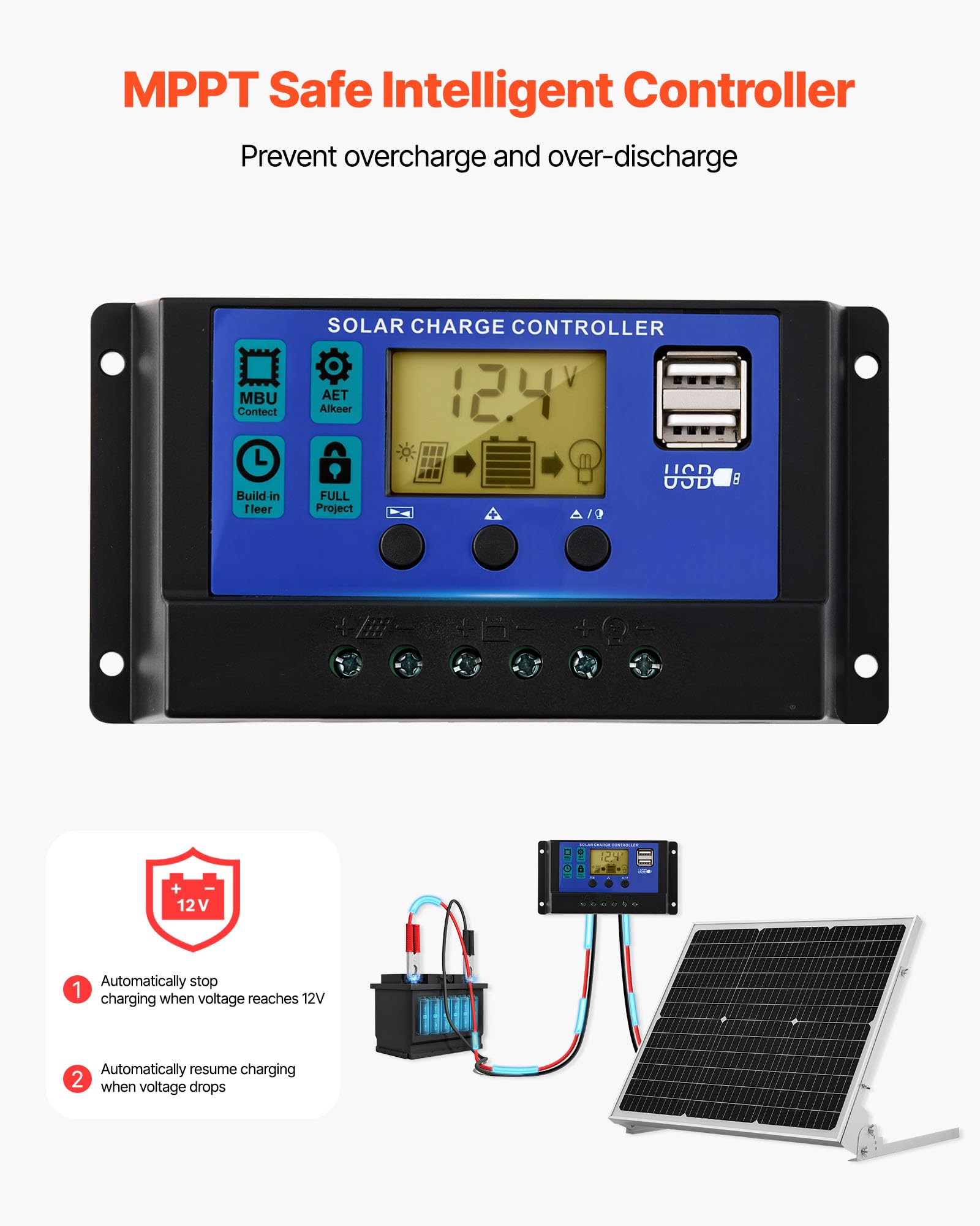 VEVOR Caricabatterie per Pannello Solare da 50 W e 12 V, Celle Monocristalline, Controllo MPPT Esterno, Staffa di Montaggio Regolabile, Impermeabile IP65, per Auto, Barche, Camper, Rimorchi