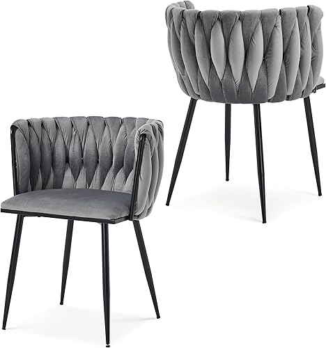 Miniatura 13 de Juego de 2 sillas de comedor de terciopelo, sillas laterales tapizadas tejidas con patas de metal plateado, Sillas de Comedor 2, sillas decorativas