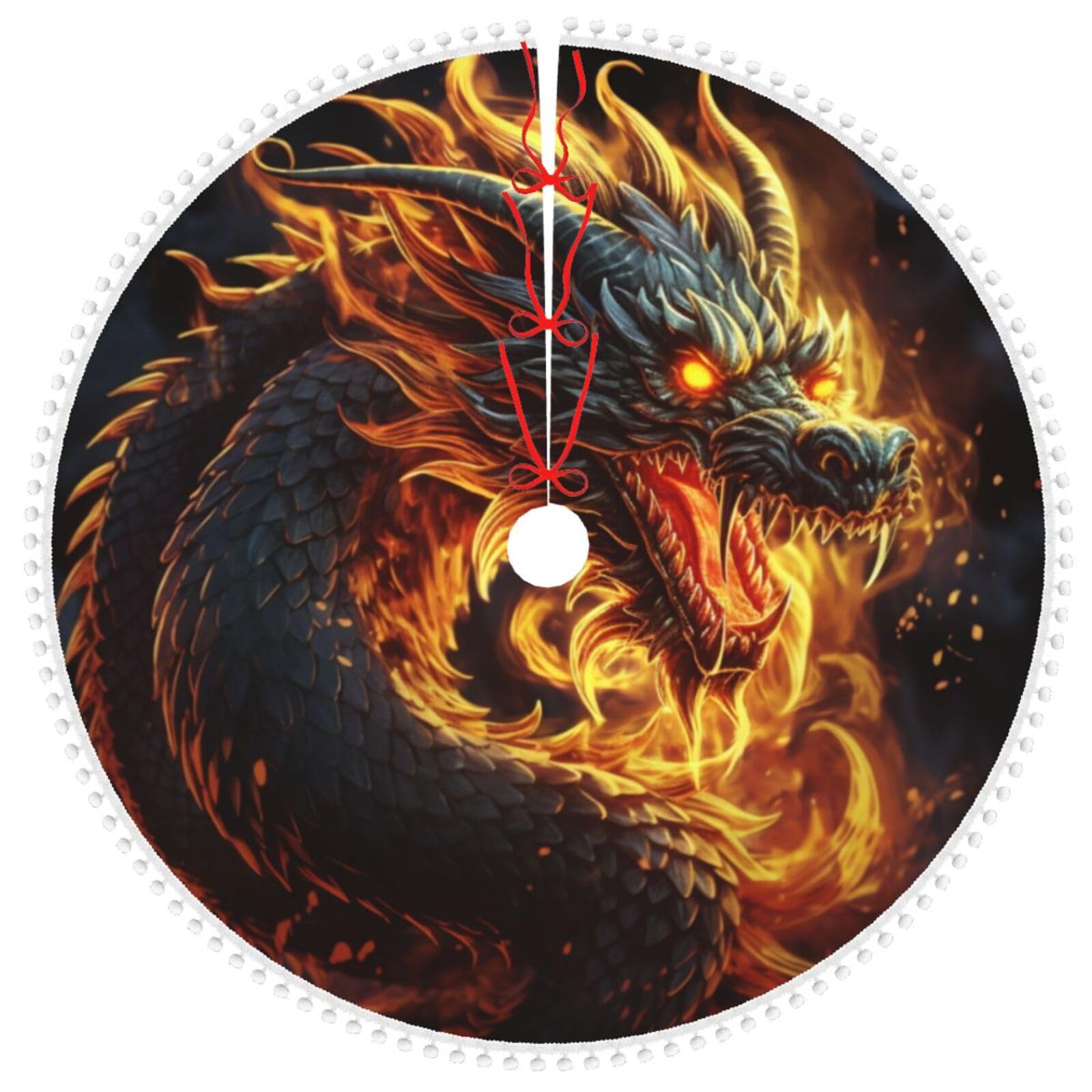 Tapis de sapin dragon de feu : jupe de sapin de Noël rustique 122cm