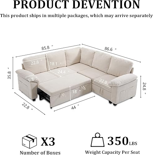 Miniatura 2 de Sofá cama modular en forma de L de 85 pulgadas con cama extraíble, sofá modular de 5 asientos con almacenamiento, sofás para sala de estar, estilo