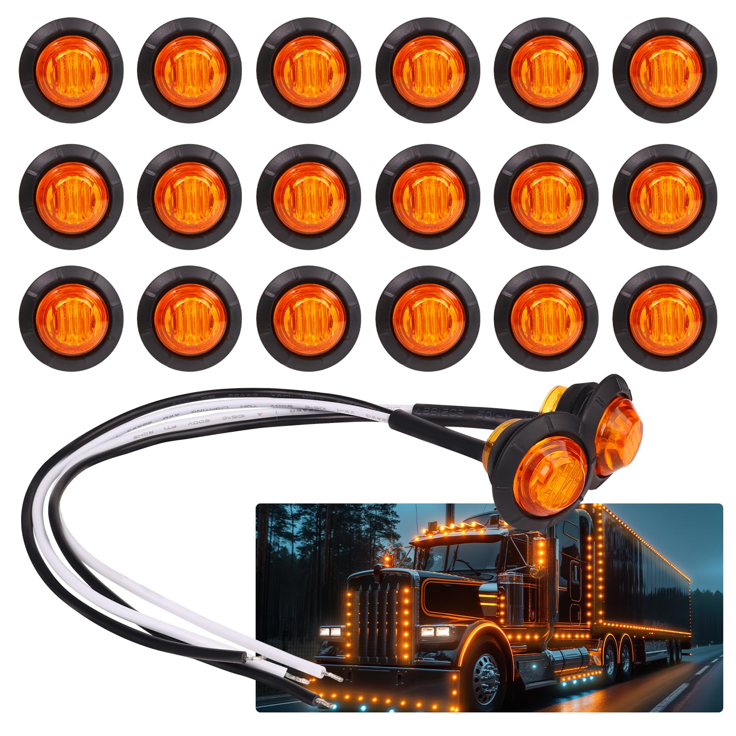 TMH (Pack of 20 3/4 Inch Mount Amber LED Clearance Bullet Marker lights, Side LED marker lights for trailer Truck RV Car Bus Van