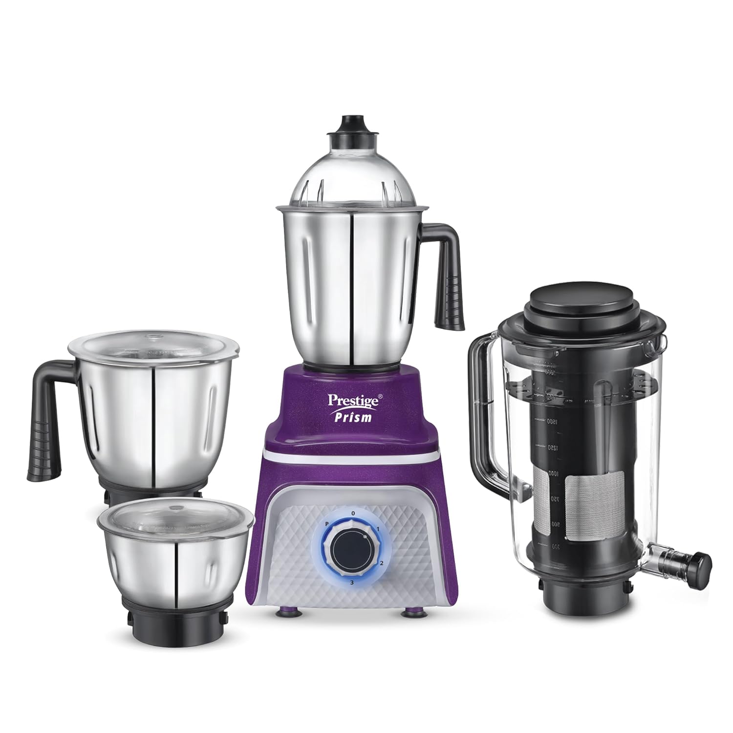 Prestige Prism 750W Mixer Grinder with 3 Stainless Steel Jars & 1 Juice Extracter Jar with pusher & juice outlet|LED Power Indicator|4 super efficient blades|Over load protection|Purple