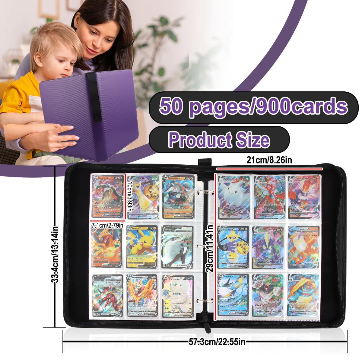Álbum De Cartas Con Cremallera – 900 Bolsillos – 50 Páginas – Cuero PU Impermeable – Compatible Con Pokémon, YuGiOh, MTG Y Deportivas