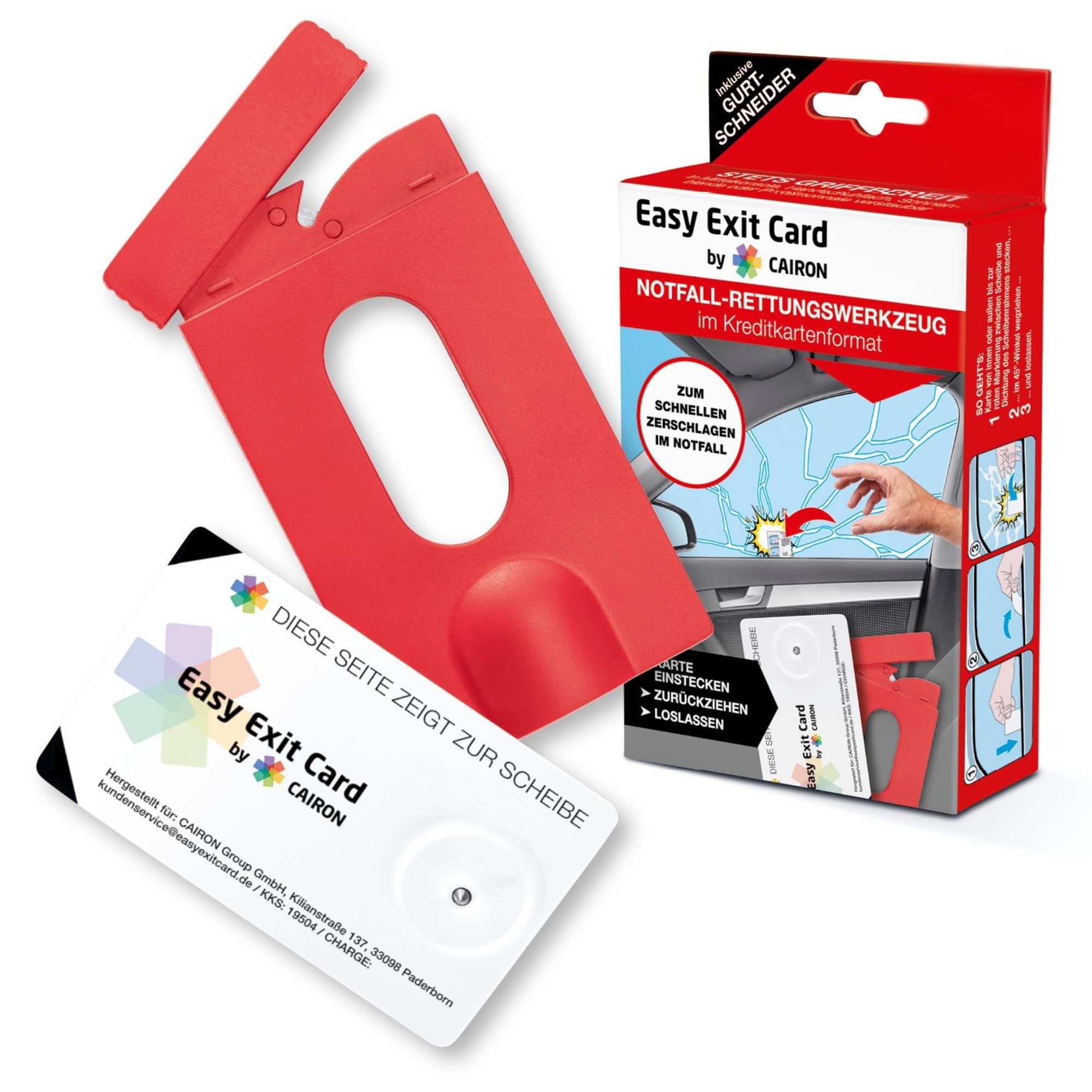 Easy Exit Card by CAIRON - Wenn jede Sekunde zählt | Notfall-Rettungswerkzeug im Kreditkartenformat | Für PKW-Seitenscheiben, von innen und außen anwendbar | Inkl. Hülle mit Gurtschneider