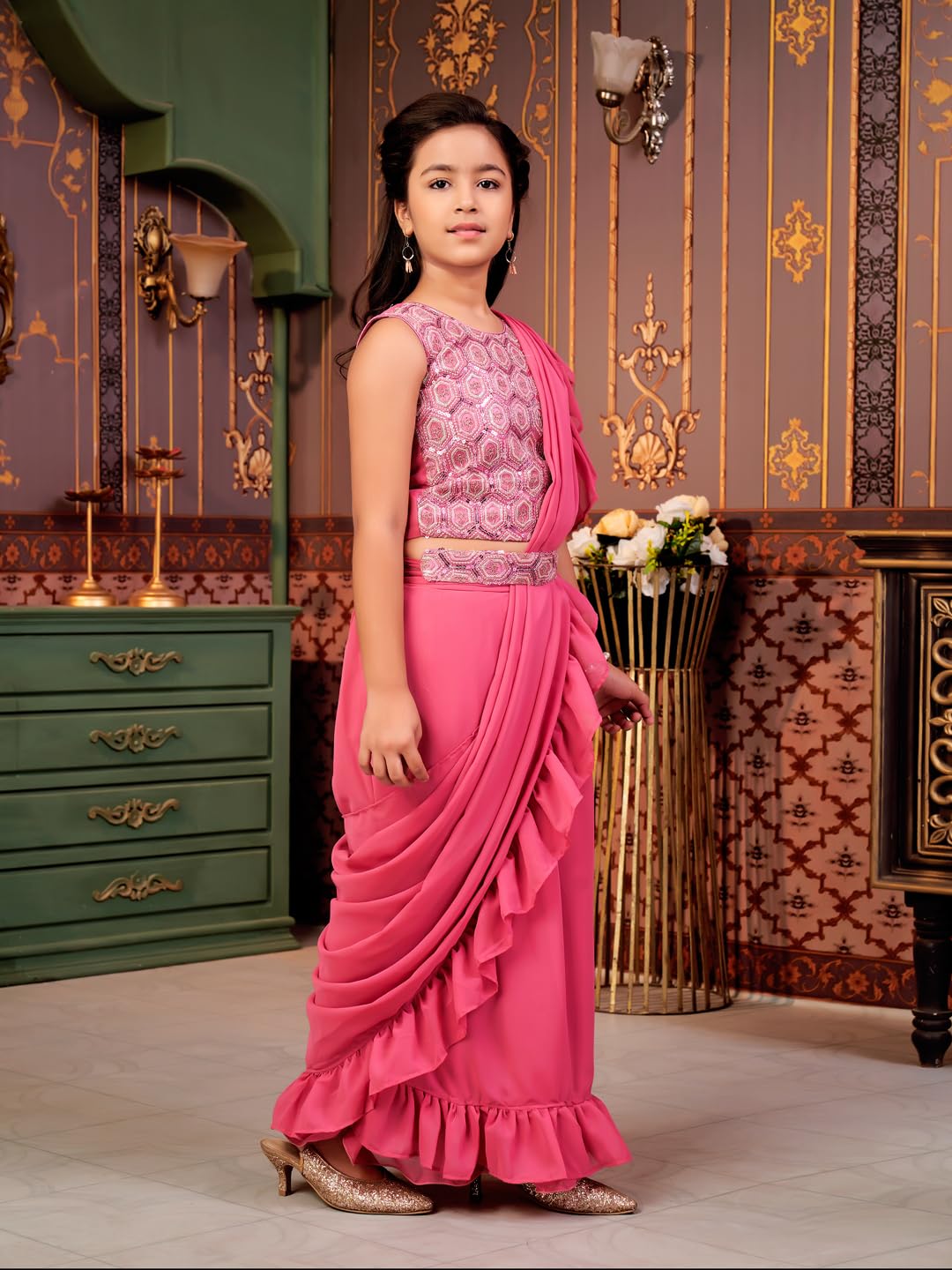 Aarika Girls Ethnic Wear Pink Colour Sequin Embroidery Georgette Lehenga Choli Set With Attached Dupatta-4-13 Years (Lch-Shm-5014)