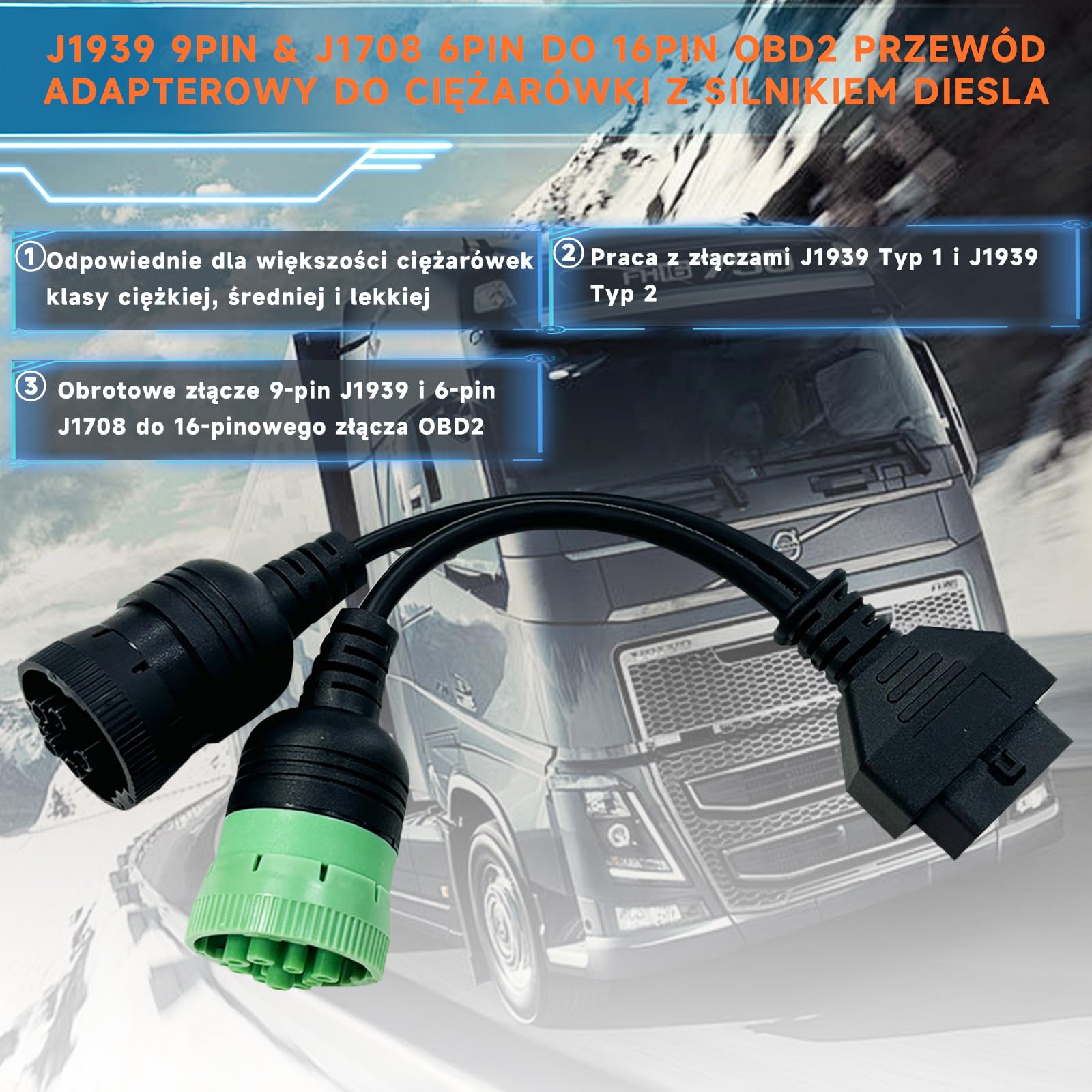 OBD do typu 2 Zielony 9-pinowy J1939 i 6-pinowy J1708 do OBD2 Split Y, pasujący do złącza diagnostycznego Freightliner do ciężarówek z silnikiem wysokoprężnym, adaptera OBD2 do pojazdów użytko