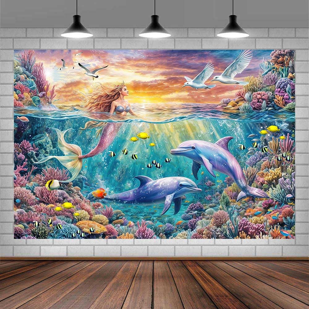 7 x 7 ft Under The Sea Backdrop Mermaid Ocean Backdrop Aquarium Underwater World Tropical Fish Coral Reef Girls Photography Background Ocean Themed