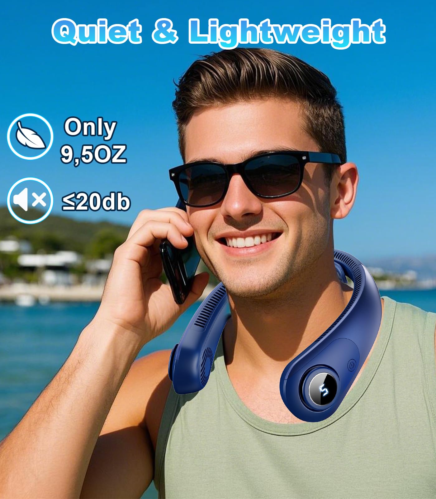 BEYYON Ventilador portátil para el cuello, manos libres, con pantalla LED, refrigeración de 360°, ultra silencioso, 5 velocidades, diseño giratorio para el cuello, para viajes, camping, oficina