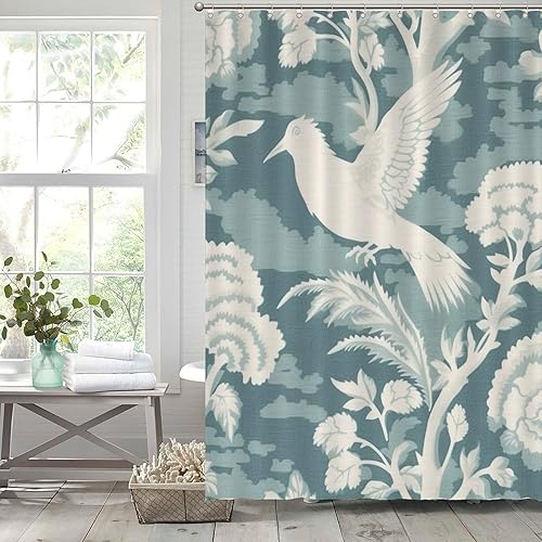 Miniatura 80 de Cortinas de ducha de baño con ganchos, 72 x 92 pulgadas, cortina de ducha de tela impermeable con diseño de flores y pájaros, cortina de ducha