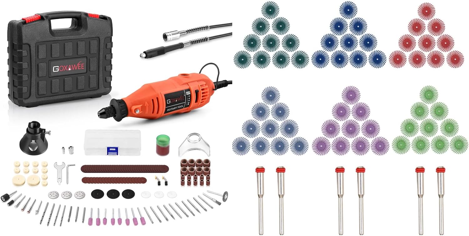 GOXAWEE Rotary Tool Kit 140pcs and Detail Abrasive Brush Kit 66pcs