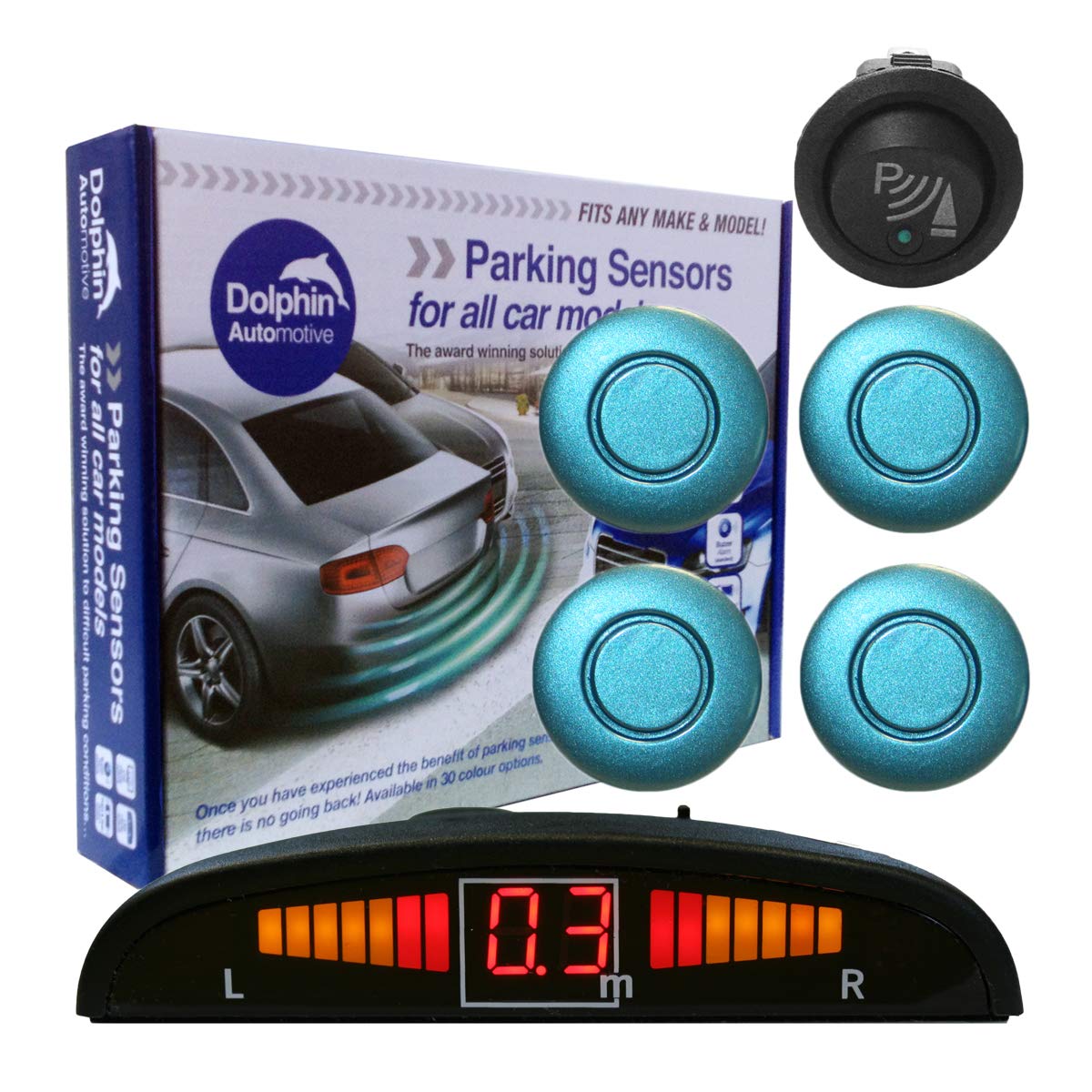 Dolphin Automotive DPS450F Front Parking Sensors In 32 Colours 4 Ultrasonic Radar Sensors Kit Audio & Display Alert System Matt & Gloss Black +30 More Colours (Sea Blue) — view 20