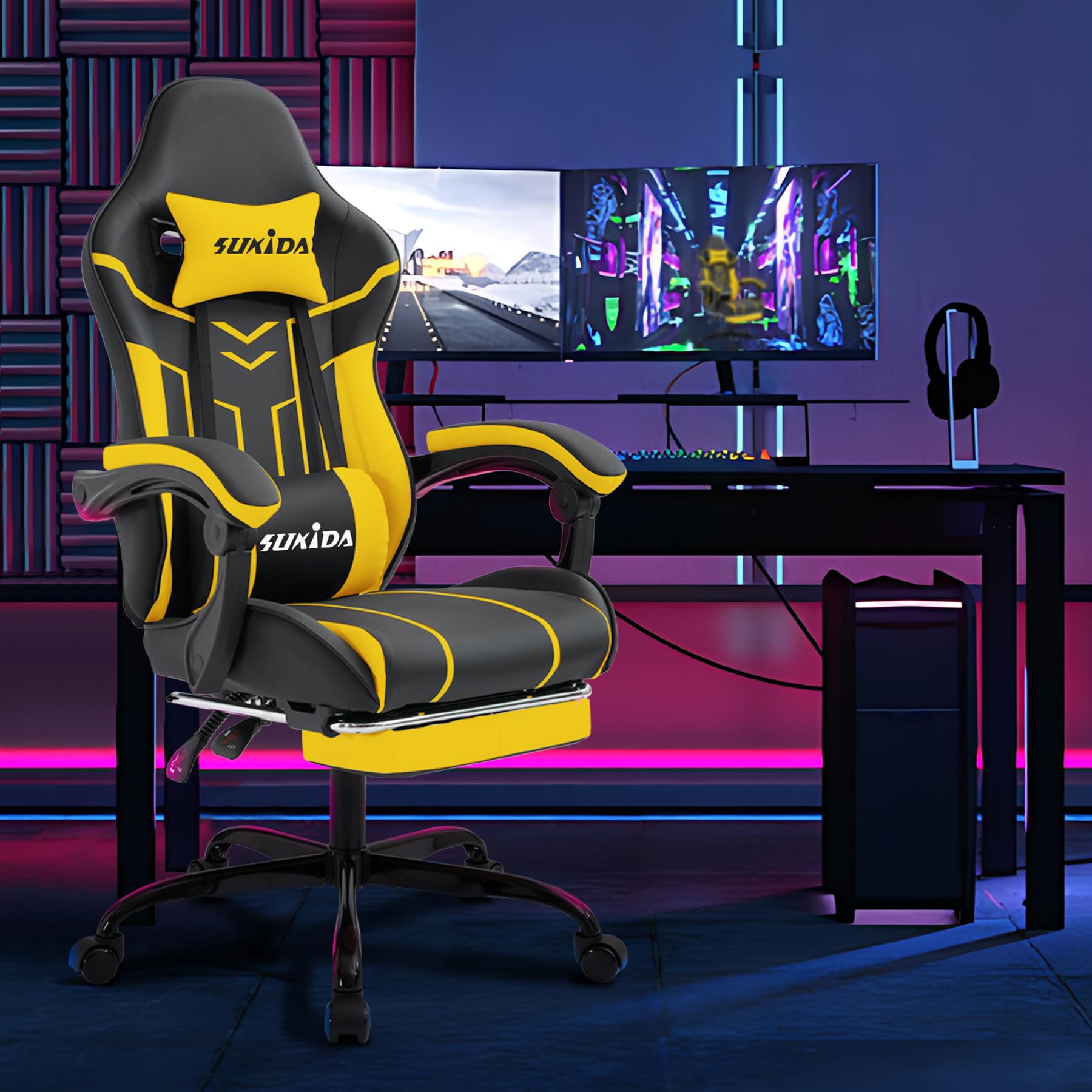 SUKIDA Gaming Stuhl Computerstuhl Ergonomischer Gaming Chair mit Fußstütze Bürostuhl Ergonomischer Computerstuhl mit Lendenwirbelstütze,BlackYellow