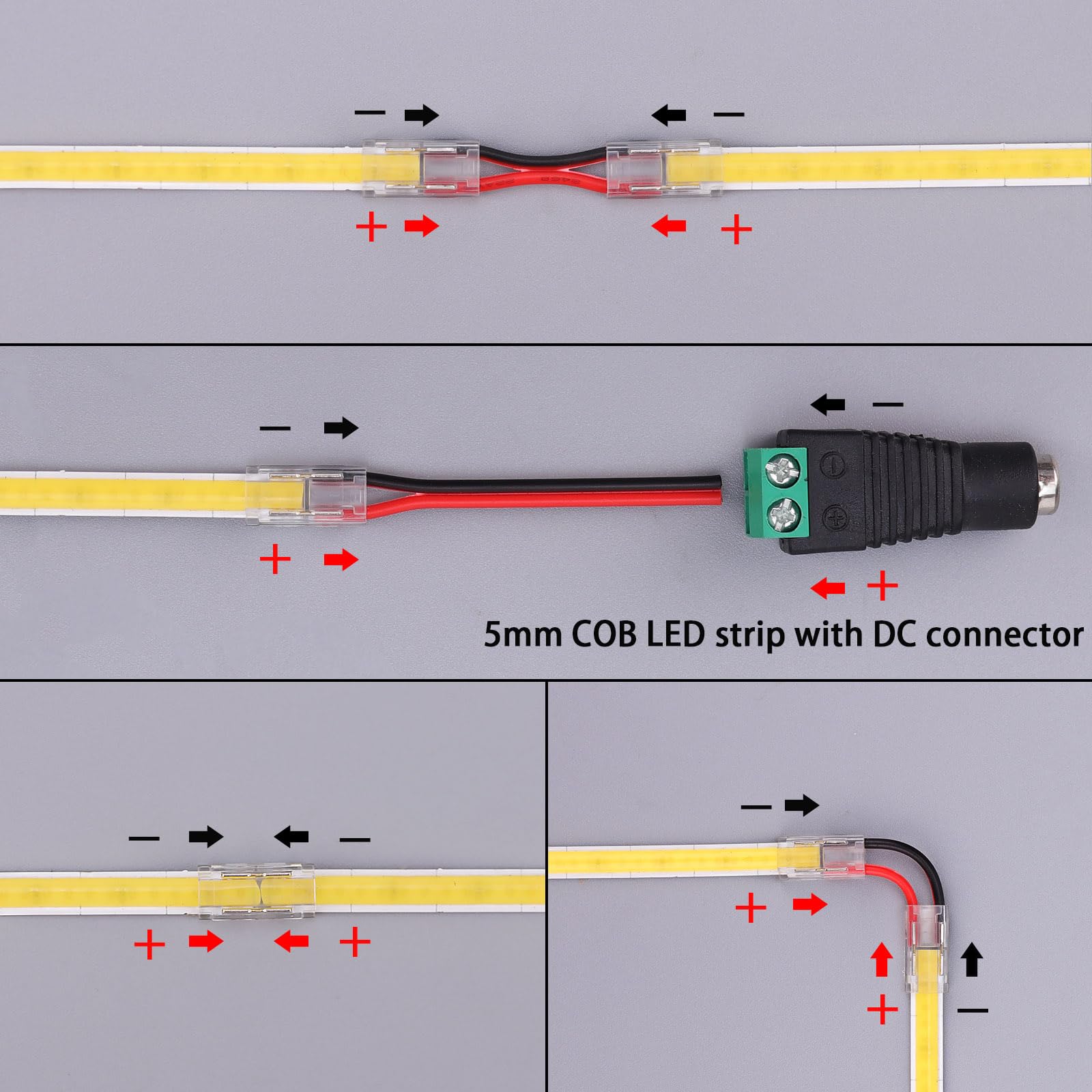 TOPAI Bezspoinowa Przezroczysta Taśma LED 2-Pinowa 5 mm - 8 Szt. Taśmy, 22 Szt. Drutu, 11 Szt. Przedłużaczy 22 AWG 15 cm Do Taśmy LED COB