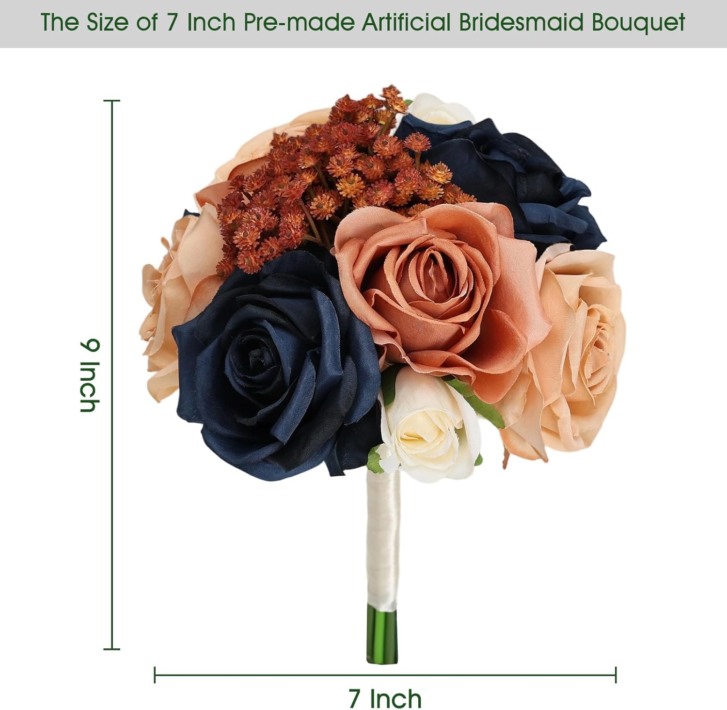 Wedding Bridesmaid Bouquets Set of 6, Artificial Silk Flowers Arrangement for Ceremony Marriage Proposal Party Anniversary Decorations - Burnt Orange & Navy Blue