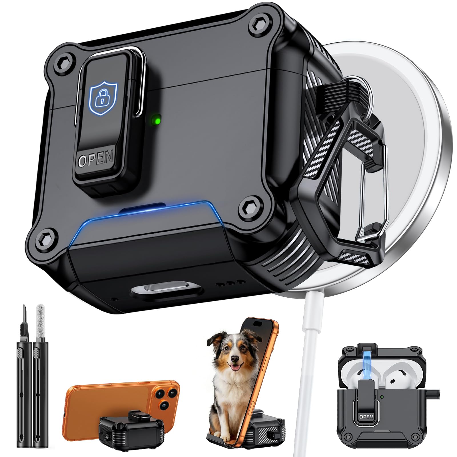 Inesore Dual-Lock Hülle Compatible with AirPods 4 (Black) | Phone Stand Design, with Carabiner and Cleaning Pen, Automatic Snap Switch Secure Cover for Travel