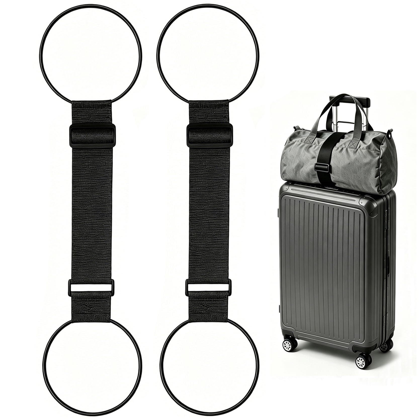 SpassLeben Luggage Straps for Suitcases, Extended Adjustable Luggage Connector Straps, Portable Luggage Attachment Strap, Elastic Loop, Handbag Backpack Fixing Belt for Suitcase Handle (2 Black)