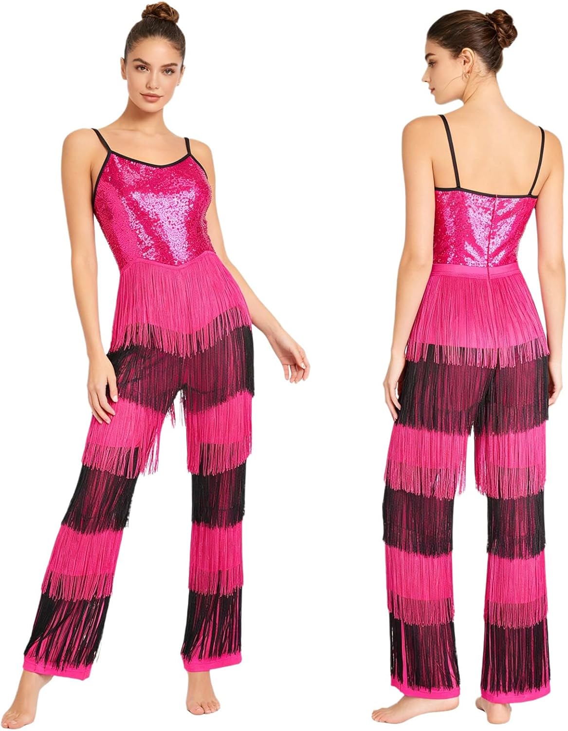 Yhong Sparkly Rompers for Women Hippie Clothes Disco Jumpsuit Sequin Fringe Romper One Piece Unitards Dance Leotard