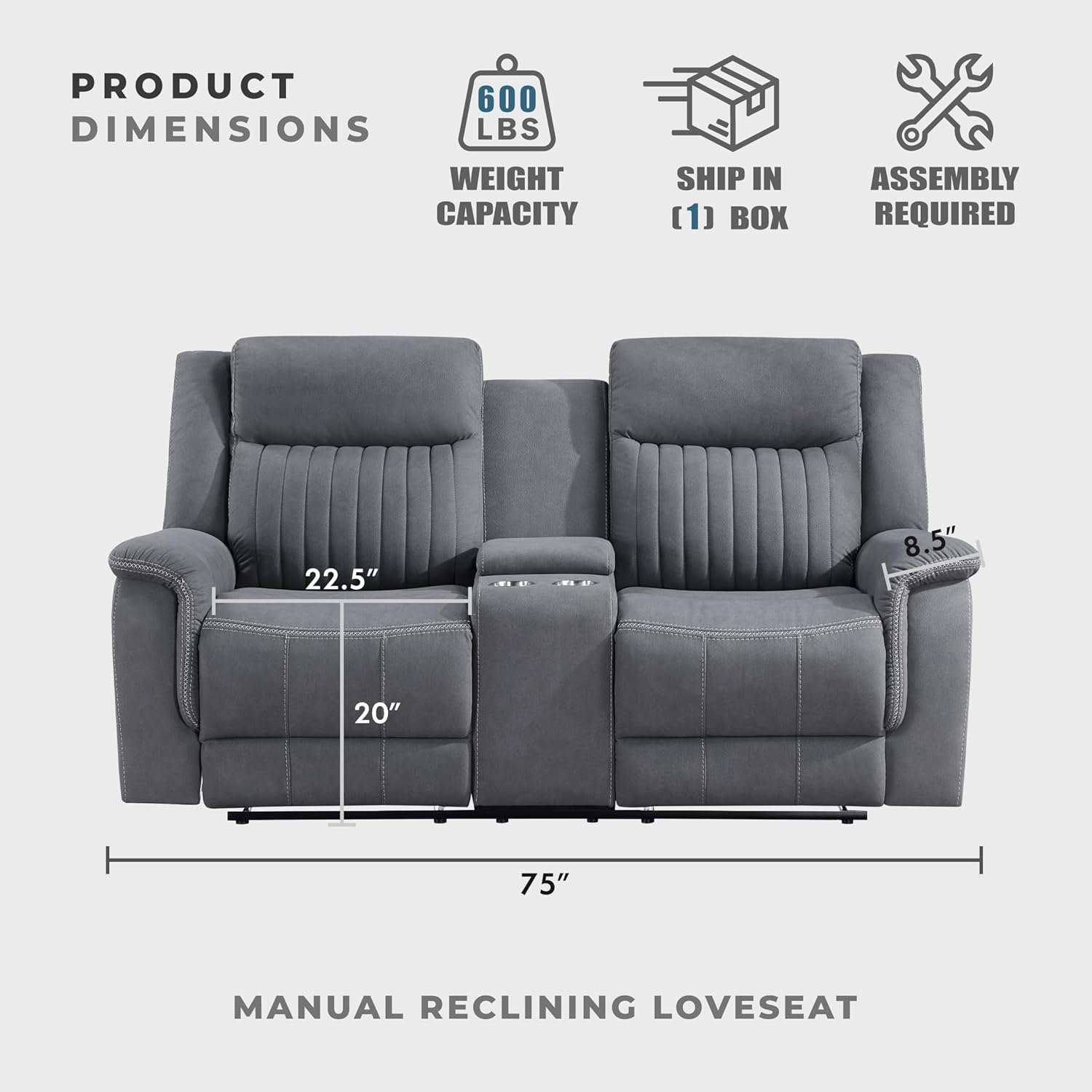 Lexicon Manual Double Reclining Loveseat, Polished Microfiber Manual Wall Hugger Loveseat Recliner for Living Room, Center Storage Console/Cup Holders, Easy Assembly, Gray