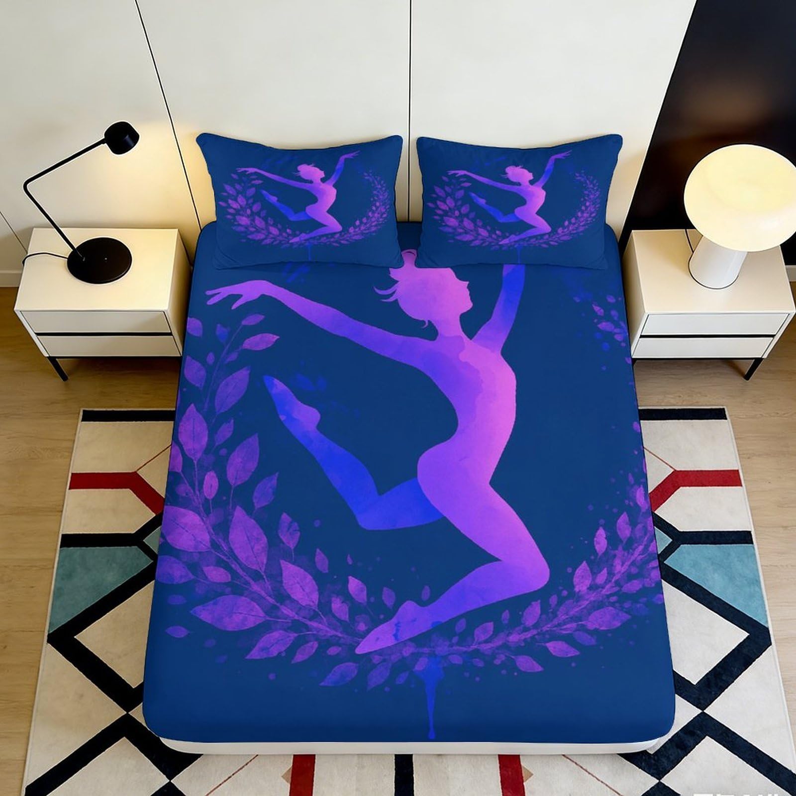 3D Printed Ballet Dancer Fitted Sheet Microfiber Purple Artistic Leaves Mattress Cover for Bedroom Dorm Decor 90x200x25cm