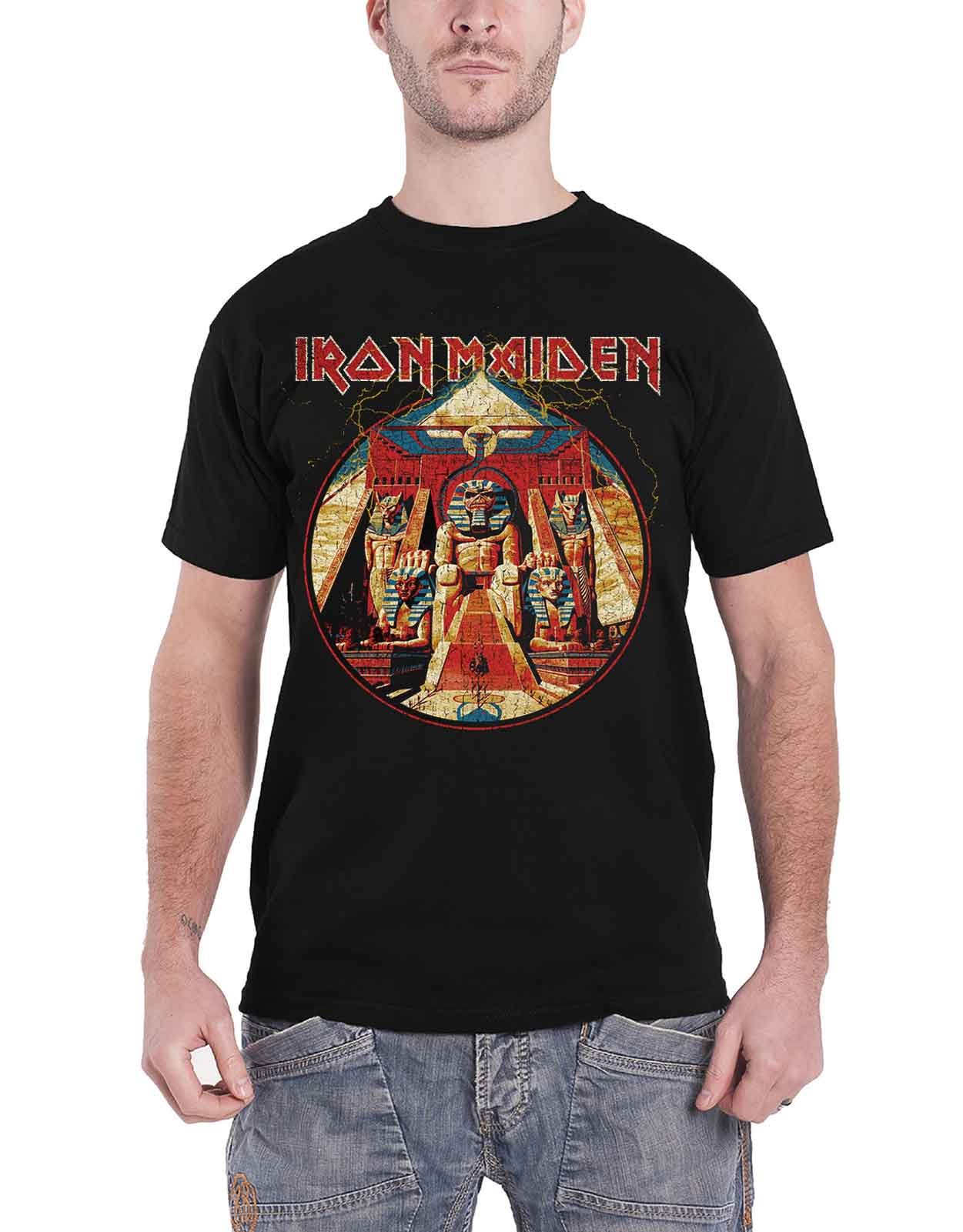 Iron Maiden Men's Black T Shirt Powerslave Lightning Circle Band Logo Official S