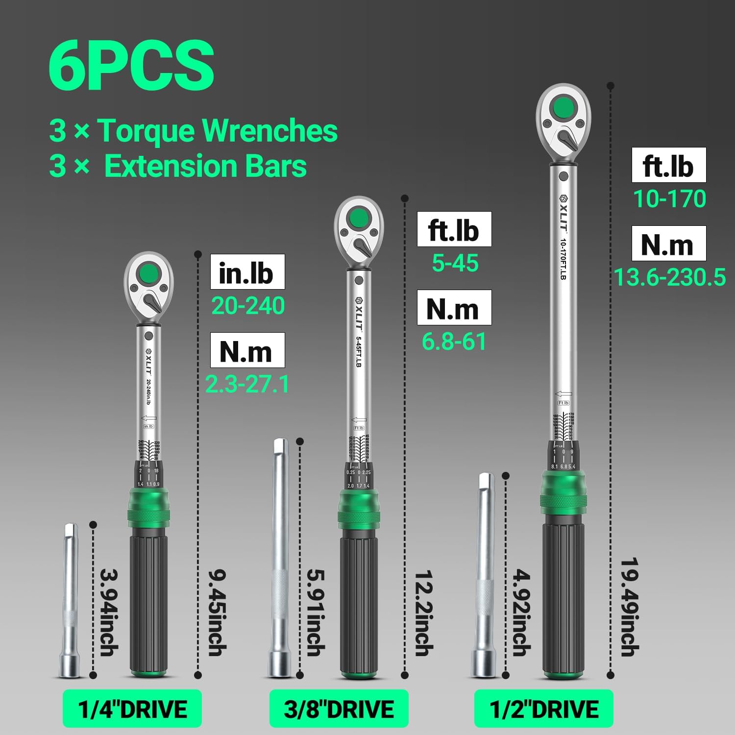3-Piece Torque Wrench Set - 3 Click Wrenches (1/4", 3/8", 1/2") with 3pc Extension Bars, Pro 72-Tooth Ratchet, ±3% Accuracy, for Automotive, Motorcycle & E-Bike