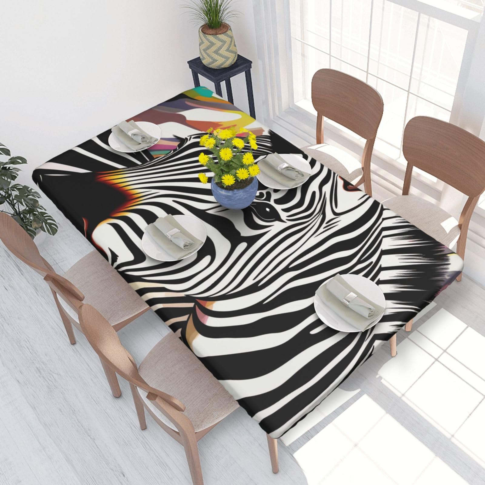 DCARSETCV Colorful Animal Zebra Printed 4FT Waterproof Tablecloth with Elastic Edged Protect & Decor Your Table, Oil-proof Washable Table Cloth Cover for Dinner Picnic Party
