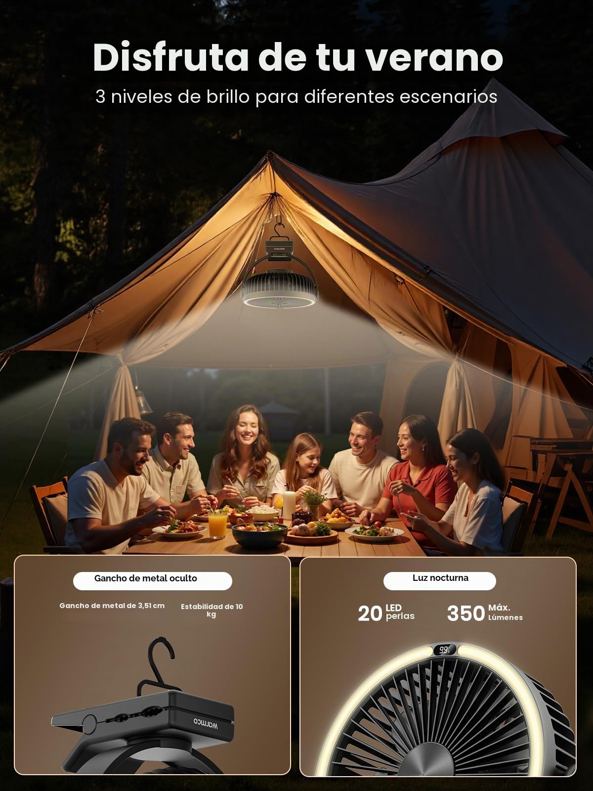 Warmco Ventilador portátil de clip de 15000 mAh recargable, ventilador de escritorio alimentado por batería de 20 cm, linterna LED y gancho, rotación de 360° y 4 velocidades, fuerte flujo de aire para