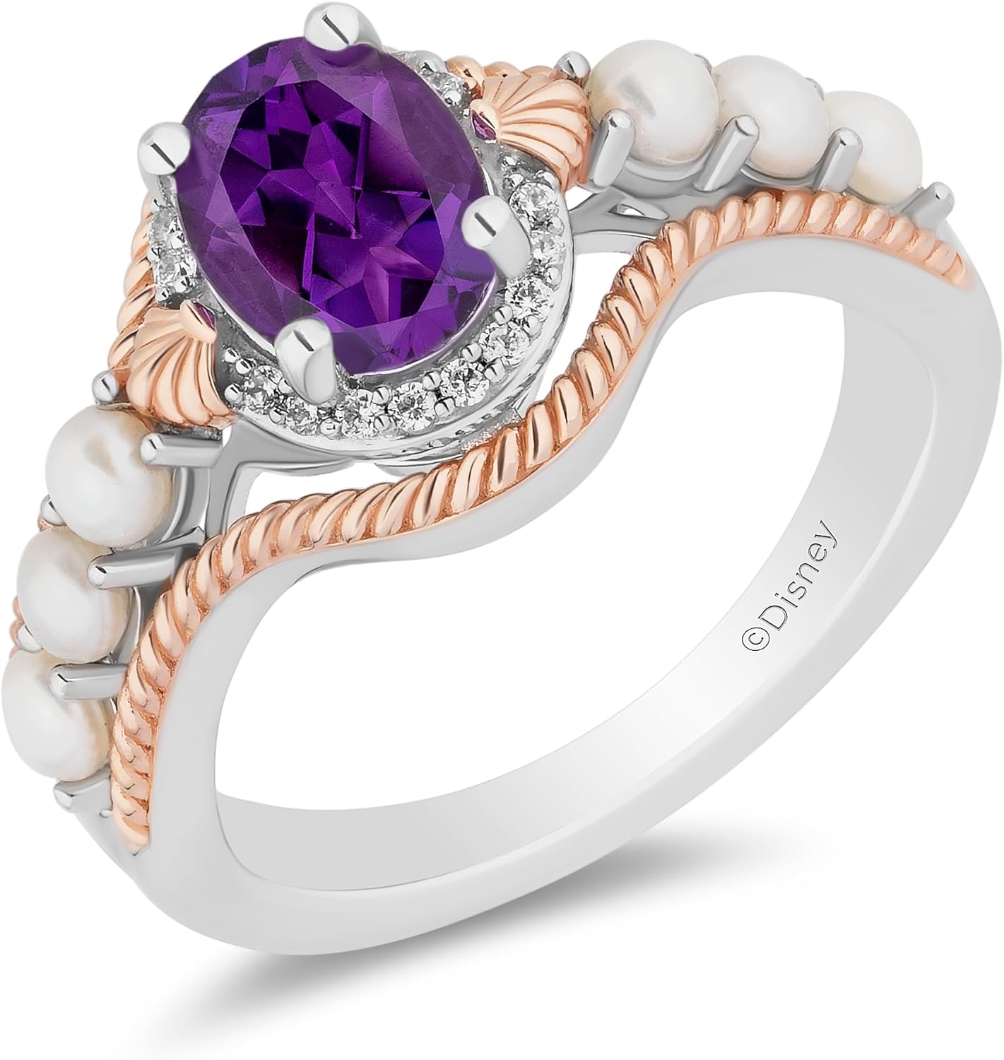 Jewelili Enchanted Disney Fine Jewelry 14K Rose Gold Over Sterling Silver with 1/20 CTTW Diamonds and Amethyst and Fresh Water Pearl Little Mermaid 35th Anniversary Ariel Ring Size 7