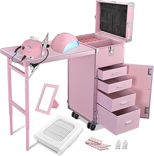 Vista 62 de BYOOTIQUE Estación de escritorio de mesa de manicura portátil para organizador de tecnología de uñas, estuche de maquillaje rodante con ruedas, 4