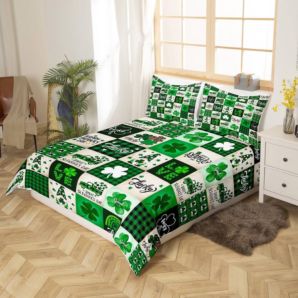 Happy St. Patrick's Day Kids Duvet Cover Set King Size,Cartoon Gnomes Leaves Irish Bedding Set,Girls Boys Room Decor,Geometric Plaids Grids Comforter Cover,Green Retro Quilt Cover,2 Pillowcases