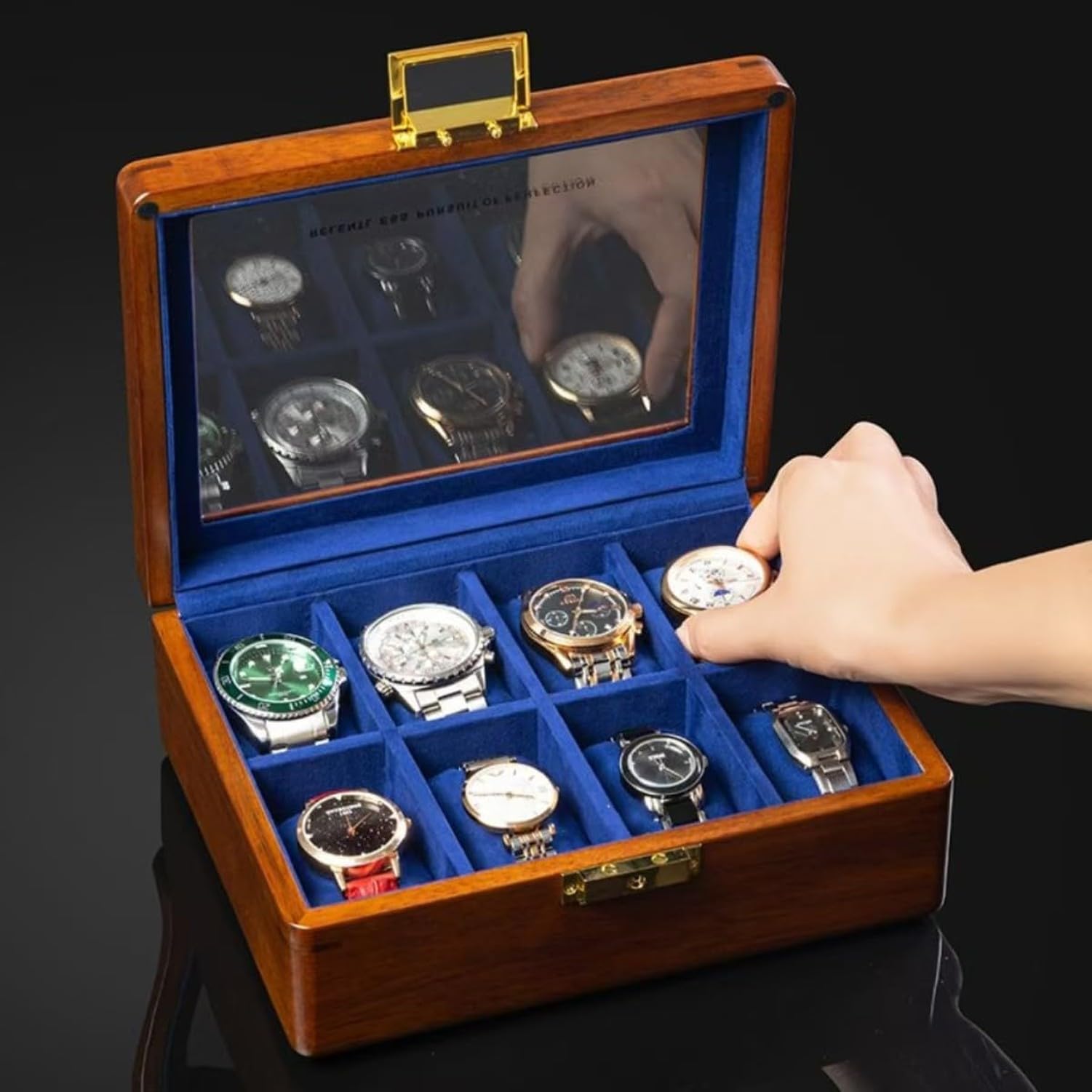 Astuccio Orologio in Legno Massello 8 Van Pietra con Coperchio in Vetro Noce Scatola Porta Orologi per Uomo Donna Custodia Da Tavolo Organizer, 8 slot-velluto blu reale, Legno di teak dorato massiccio