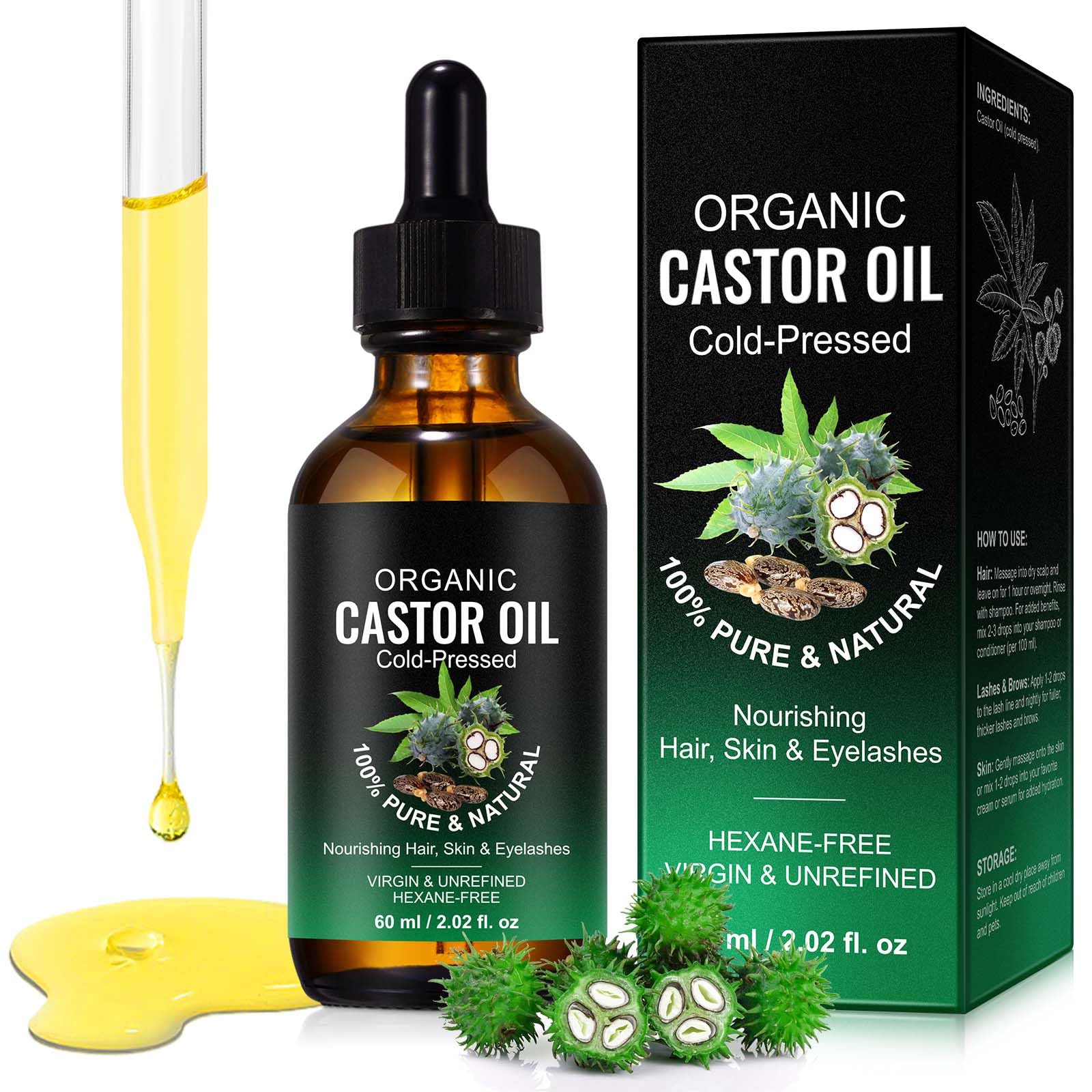 Bio olej rycynowy tłoczony na zimno – 100% czysty olejek zy | do włosów, rzęs, skóry i wellness | wegański, bez heksanu | 60 ml