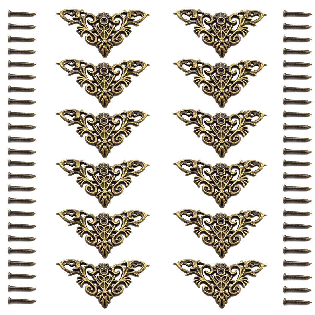 Furniture Decorative Edge Cover Antique Metal Carved Corner Protector for Jewelry Box, Album, Book, Cabinet, Desk etc. 12pcs Bronze