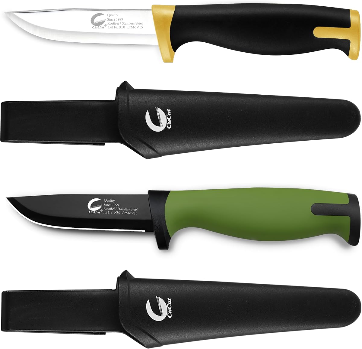 Paquete de 2 cuchillos de supervivencia, hoja de acero al carbono de 3,5 pulgadas, acabado antiadherente negro con funda de plástico duro en las correas, cuchillo de camping suave con mango TPR para actividades al aire libre, supervivencia, pesca, senderismo