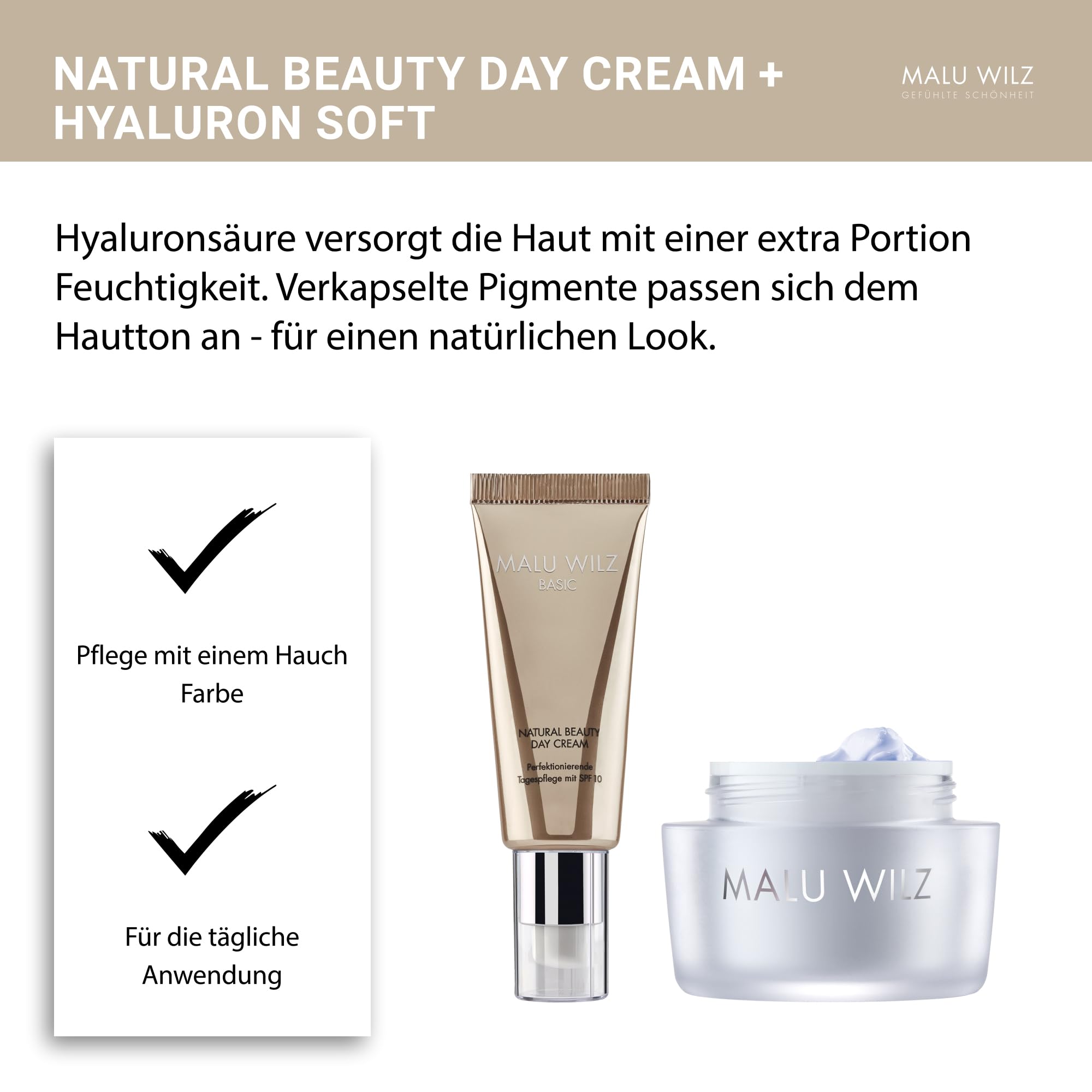 Malu Wilz Bundle Natural Beauty Day Cream + Hyaluronic Active+ Cream Soft I Erfrischende Skincare Gesichtspflege-Creme Set I Creme 40ml + Booster 50ml
