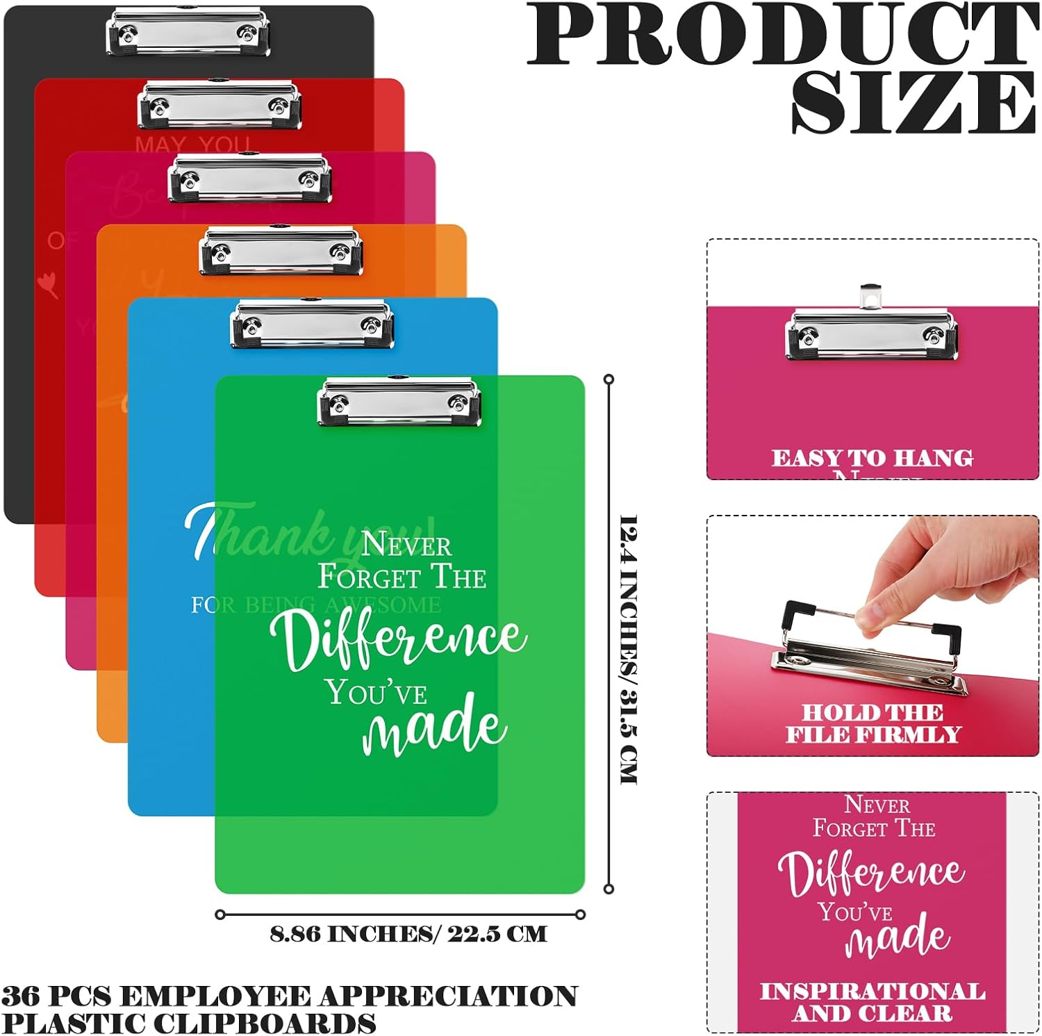 Thyle 36 Pcs Employee Appreciation Gift Inspirational Plastic Clip Board Colored Clipboard with Low Profile Clip for School Office Teacher Coworker Team Employee, 12.4 x 8.86 Inches