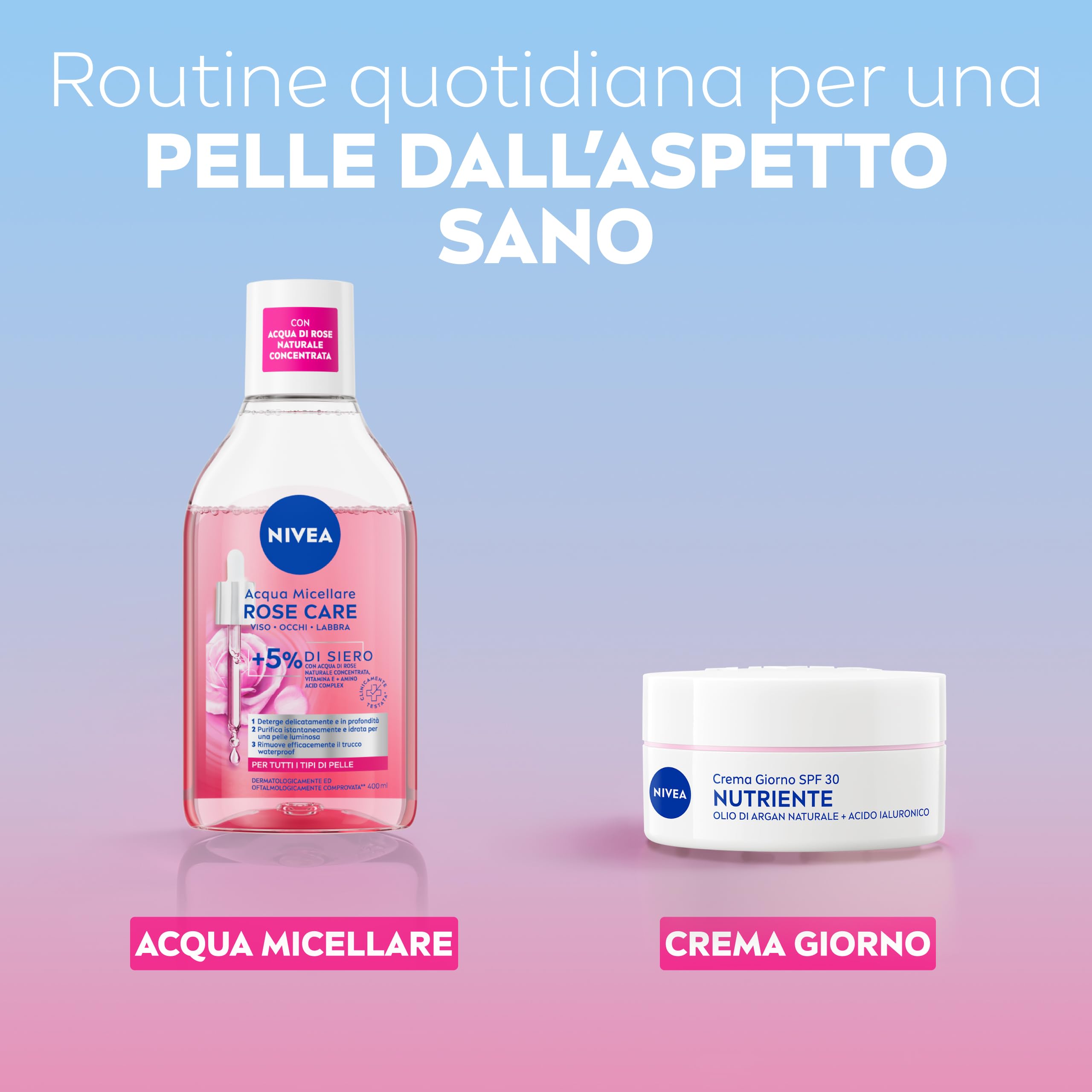 NIVEA Acqua Micellare Rose Care 400 ml, Struccante viso e occhi bifasico per trucco waterproof, Detergente viso, occhi e labbra con 5% siero con Acqua di Rose e Vitamina E, Tutti i tipi di pelle