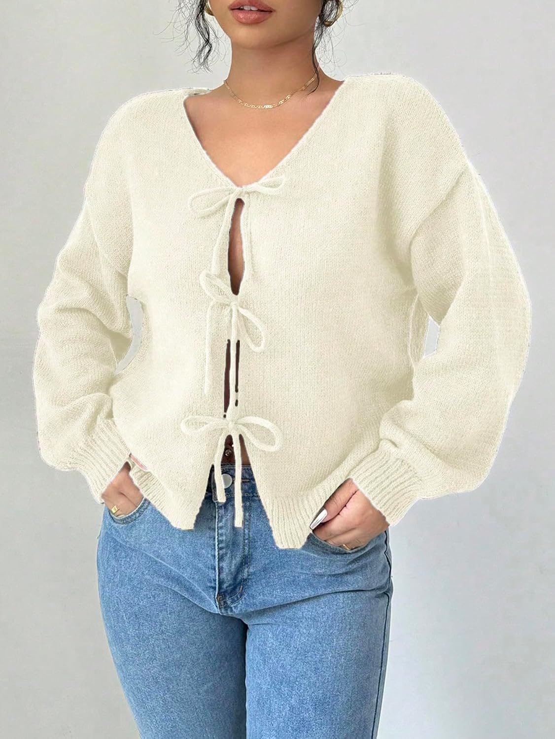 MakeMeChic Women's V Neck Tie Front Long Sleeve Sweater Cardigan Drop Shoulder Knitted Outerwear - Image 5