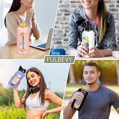 Miniatura 6 de Botellas de agua de vidrio de 64 onzas  Botella de agua motivacional grande de medio galón con marcador de tiempo  Botella de agua de vidrio con